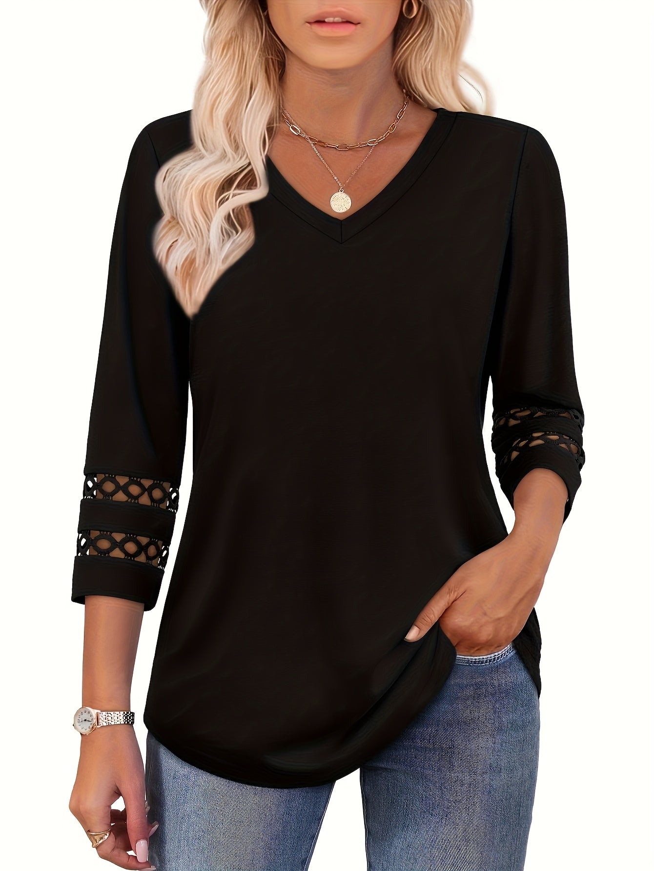 Four-Piece Set Women's 3/4 Sleeve Fashion Casual V-Neck T-Shirt Top