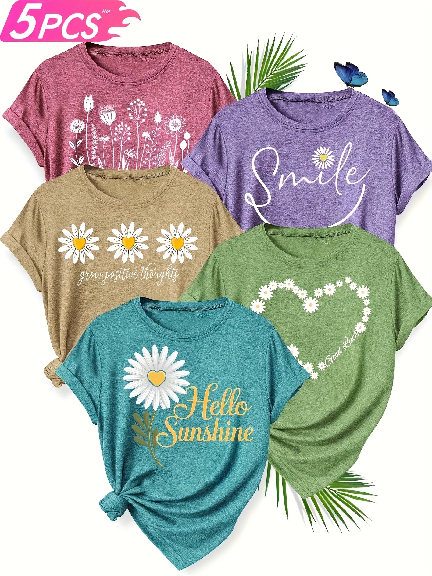 [Soft T-Shirts] 5pcs Soft Stretch Women's Casual Crew Neck Short Sleeve T-Shirts | Floral, Heart, and Smile Print Designs in Purple, Green, Pink, and Blue - Plus Sizes Available, Comfortable Fit Tee