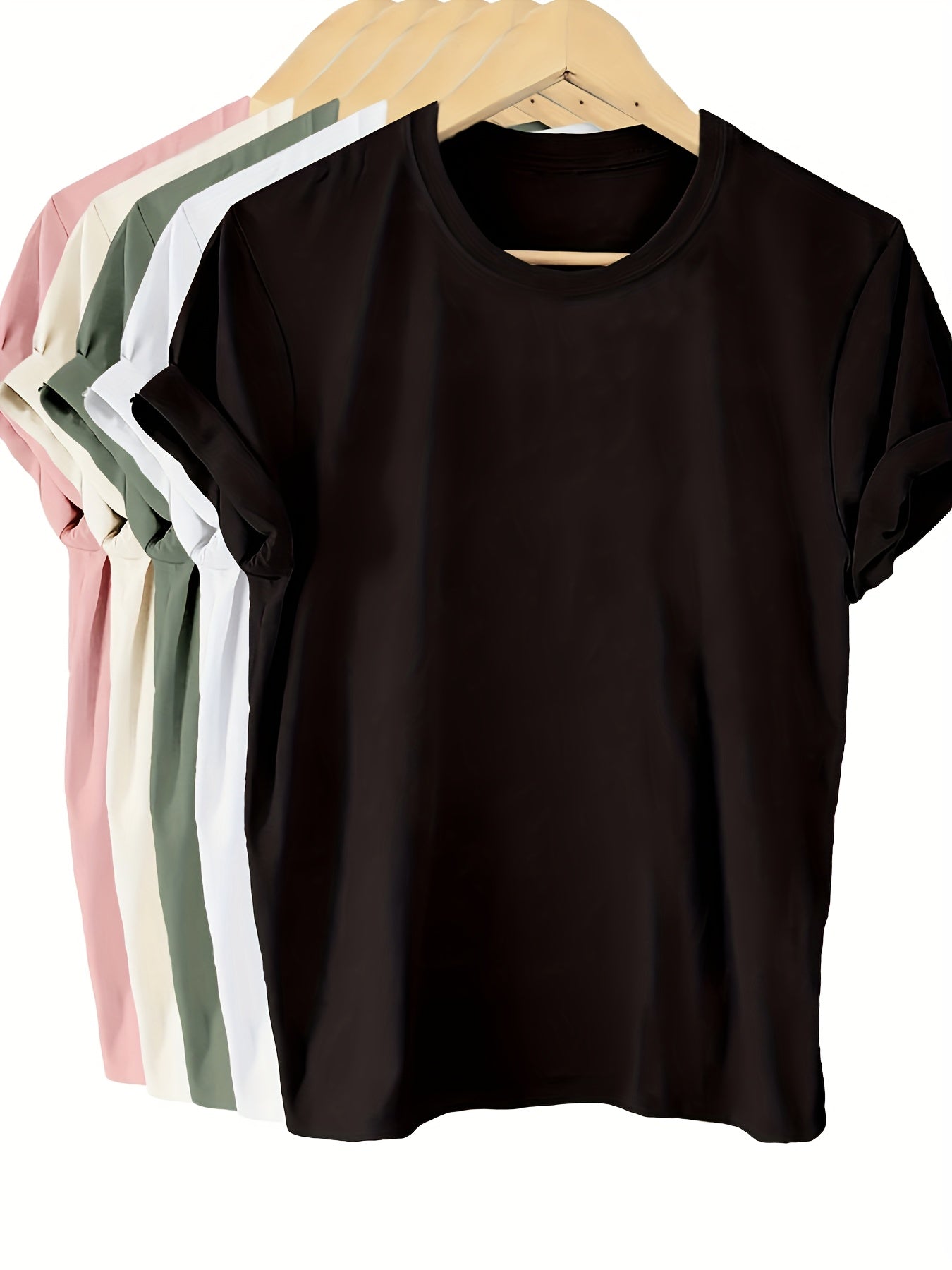 5pcs Set 100% Round Neck Comfortable And Fashionable T-shirt - Soft, Breathable, Gift And Daily Use - Women'S Basic Clothing