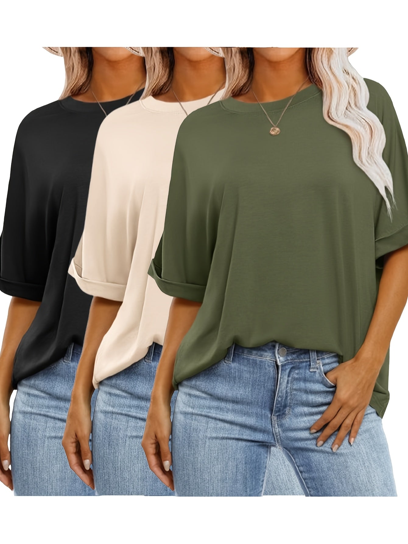 [3pcs Trendy Tee] Three-Piece Women's Oversized Short Sleeve Round Neck Summer Casual Loose Basic Tee Top Set 2025 Trendy Fashion Clothing