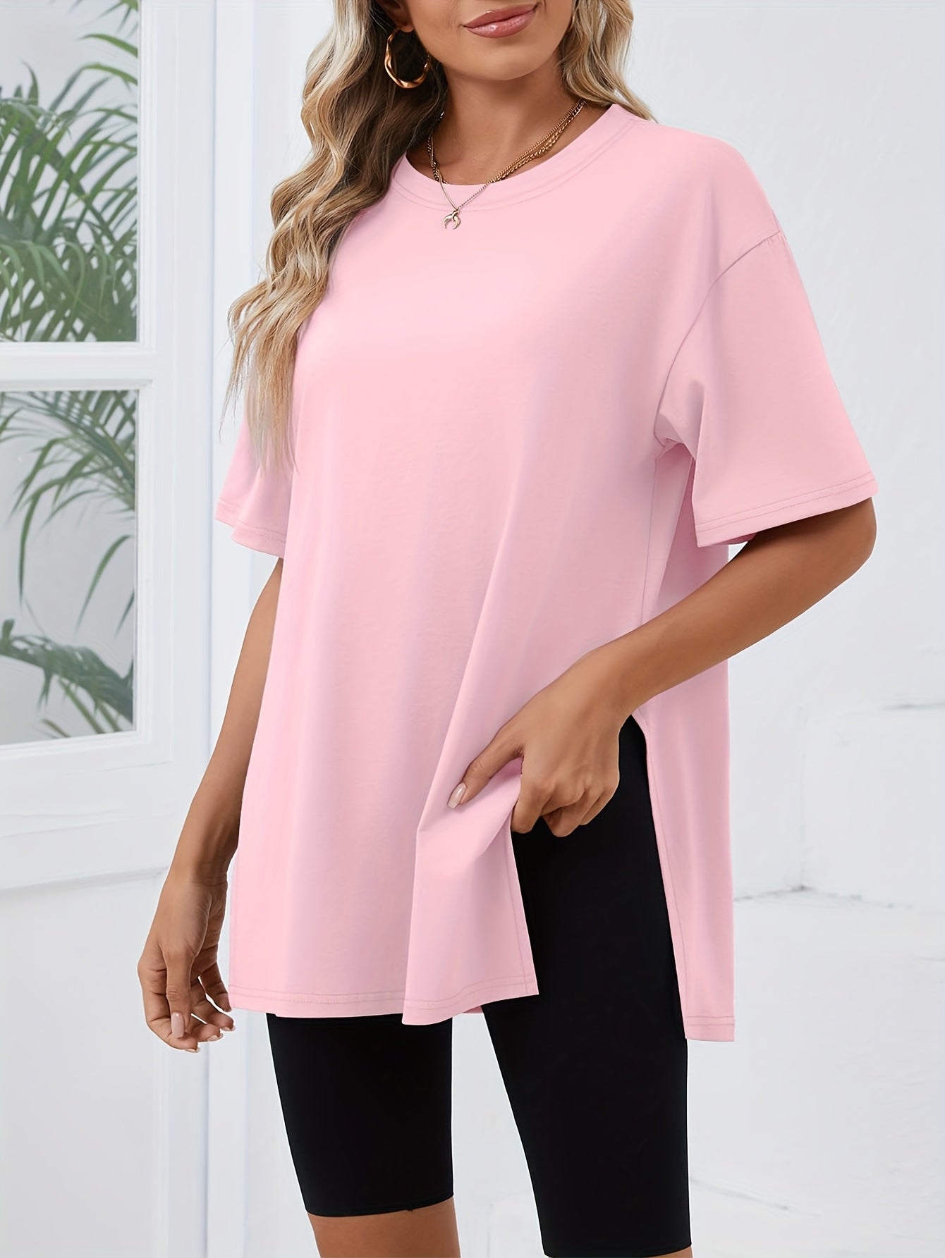 [3pcs Women's T-Shirt] Three-Piece Women's Oversized Casual T-Shirt Set | Short Sleeves, Side Slit, Round Neck, Loose Basic Top