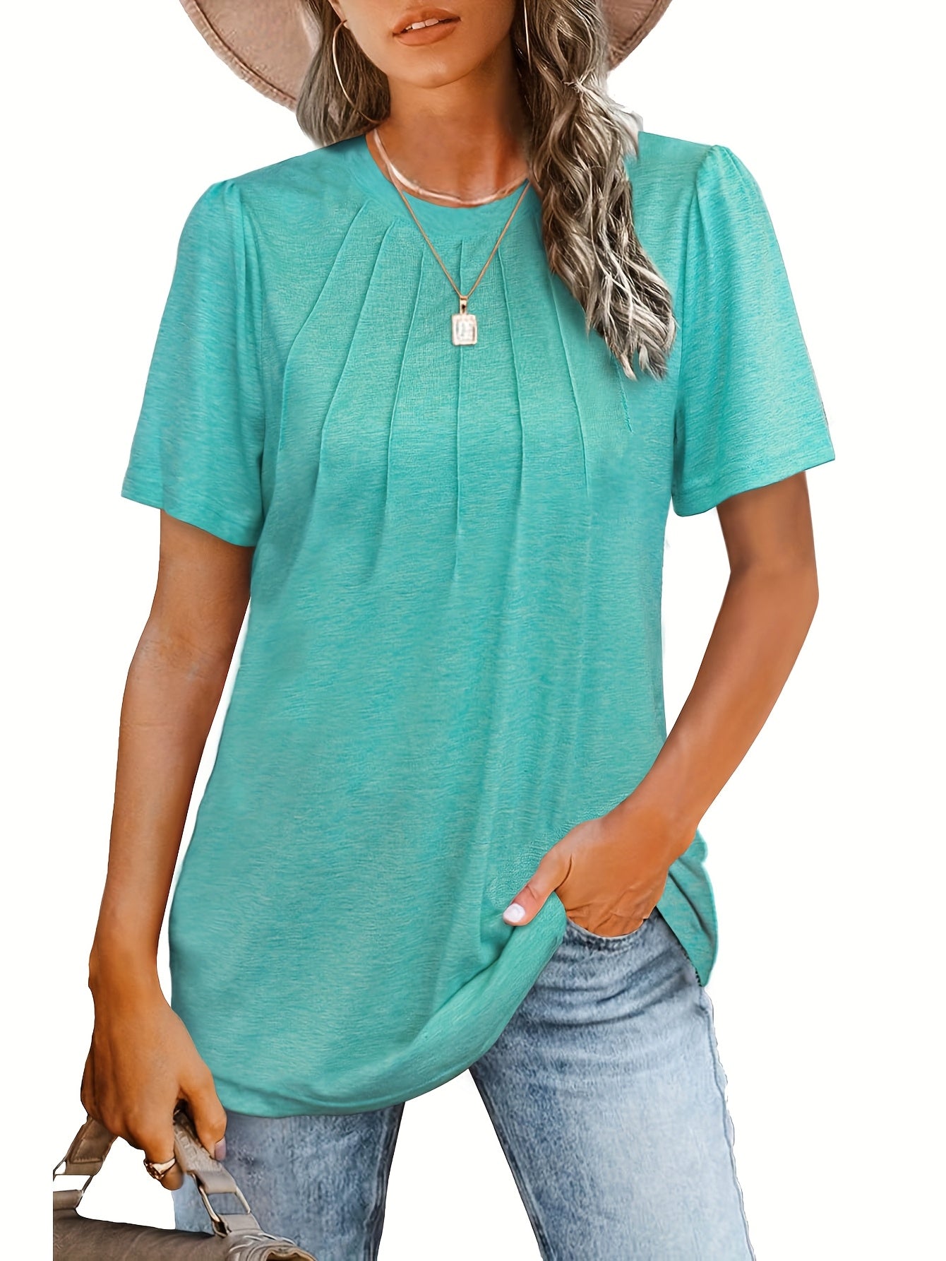 [Summer T-Shirt Set] 3pcs Women's Summer Short Sleeve Round Neck T-Shirt Set | Casual Polyester, Solid Color with Ruffled Bubble Sleeves, All-Season Comfort, Ladies T Shirts