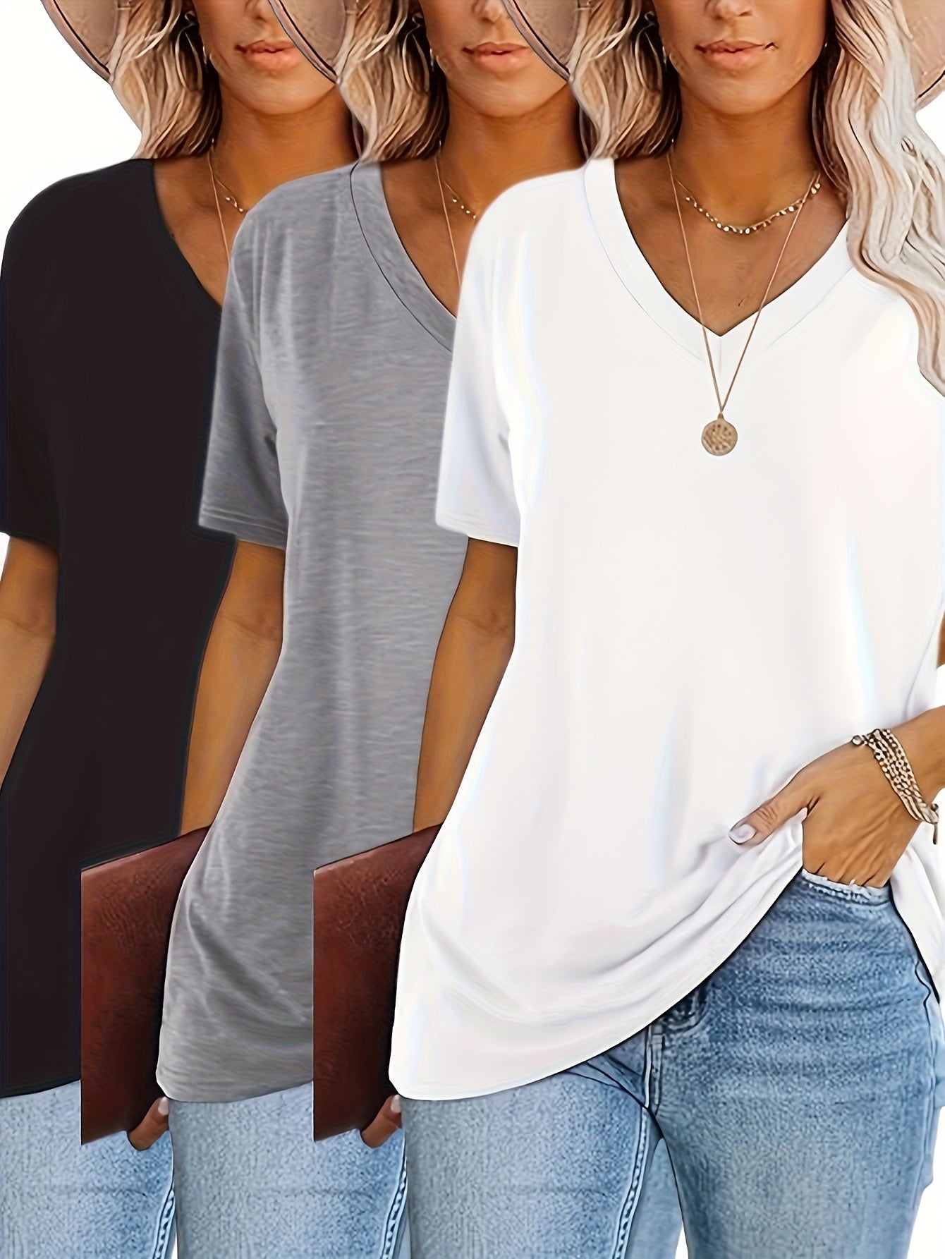 Three-piece Set 2025 Europe And America Fashion Women'S Casual Top Comfortable Loose V-neck Short-sleeved T-shirt