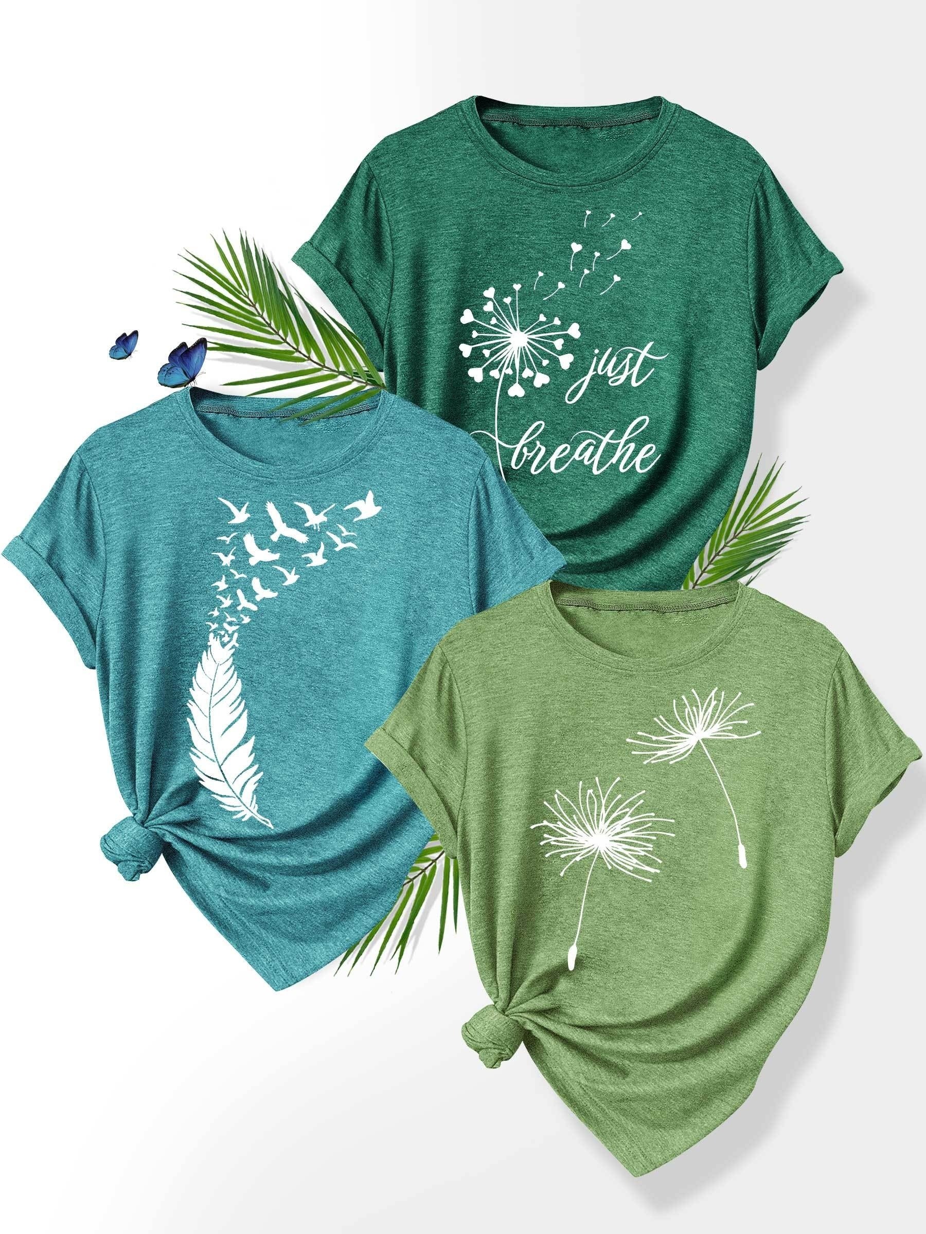 [Summer Floral Tees] 3pcs Set Soft Polyester Blend Floral Print T-Shirts for Women | Casual Summer Short Sleeve Crew Neck Tees, Dandelion, Rose, and Bee Design, Sizes S-XXL, Perfect for Casual Attire, Casual Summer Wear