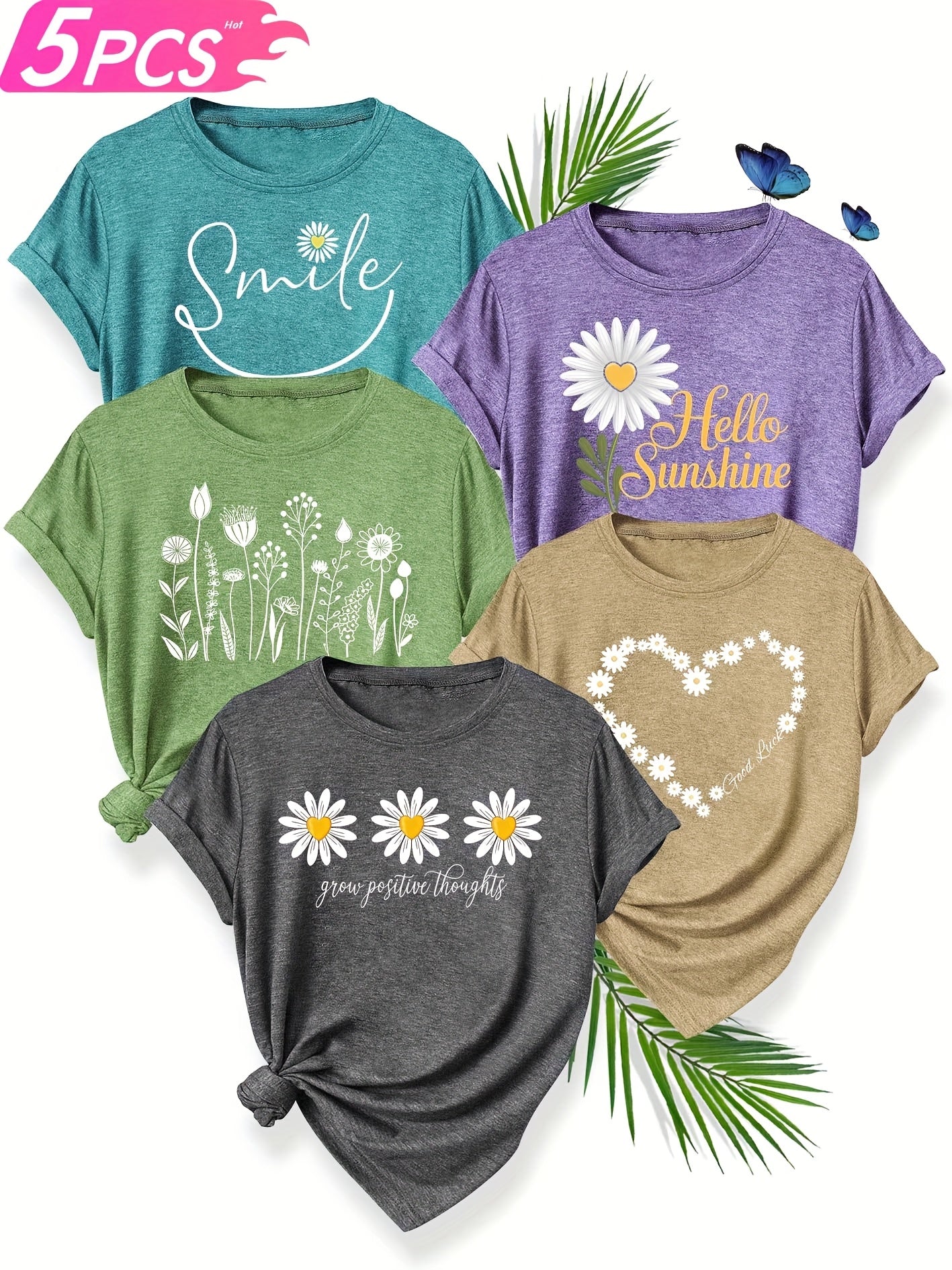 [Soft T-Shirts] 5pcs Soft Stretch Women's Casual Crew Neck Short Sleeve T-Shirts | Floral, Heart, and Smile Print Designs in Purple, Green, Pink, and Blue - Plus Sizes Available, Comfortable Fit Tee