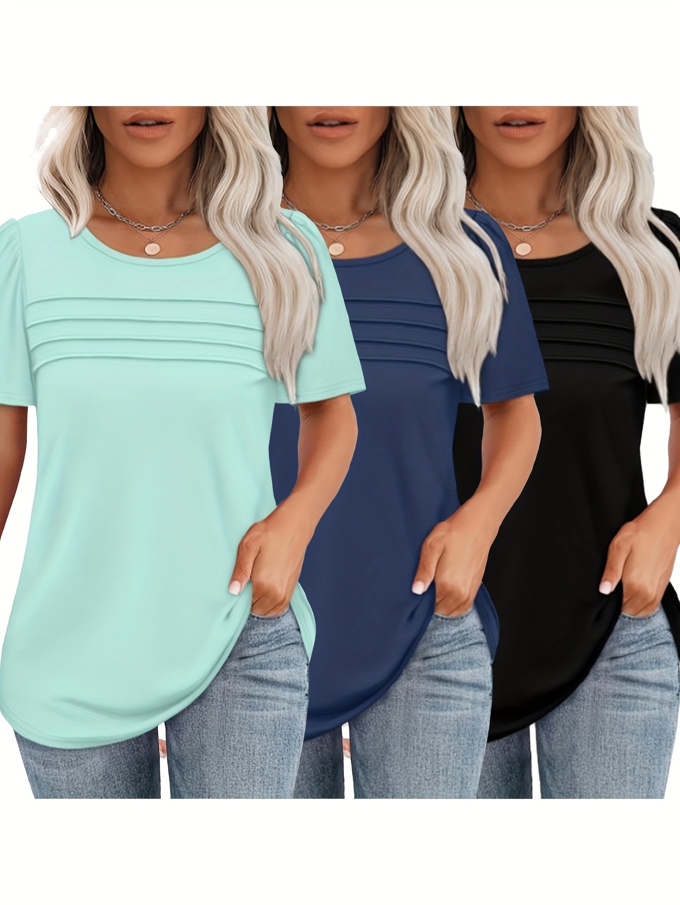 [Casual Ruched Set] Women's Casual Three-Piece Set | Ruched T-Shirts in Light Blue, Navy & Black - Short Sleeve, Comfortable & Breathable for Spring & Summer