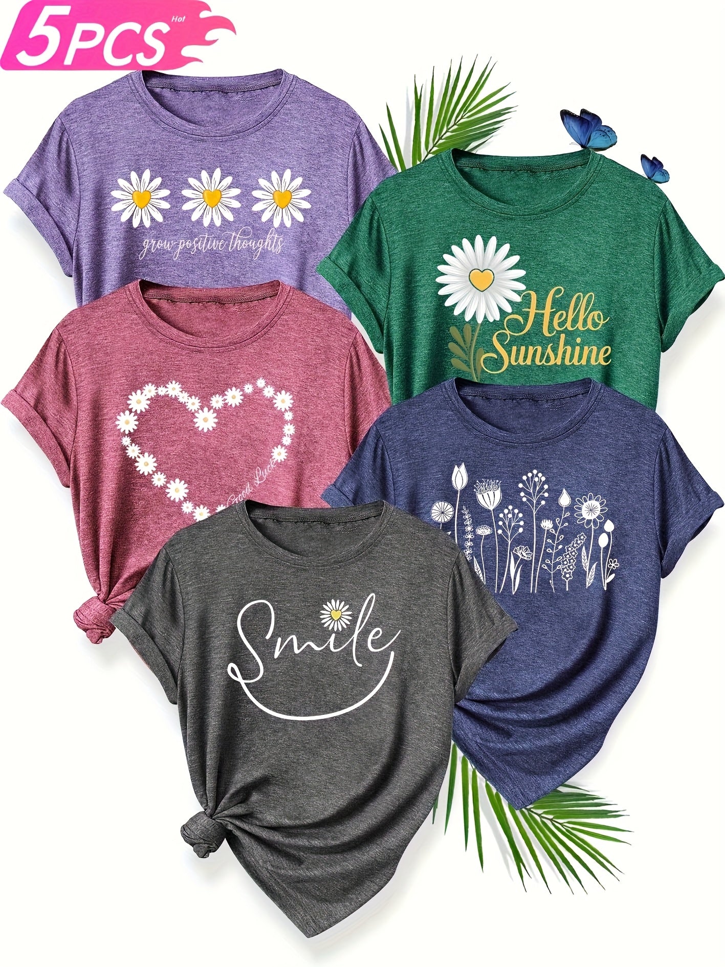 [Soft T-Shirts] 5pcs Soft Stretch Women's Casual Crew Neck Short Sleeve T-Shirts | Floral, Heart, and Smile Print Designs in Purple, Green, Pink, and Blue - Plus Sizes Available, Comfortable Fit Tee
