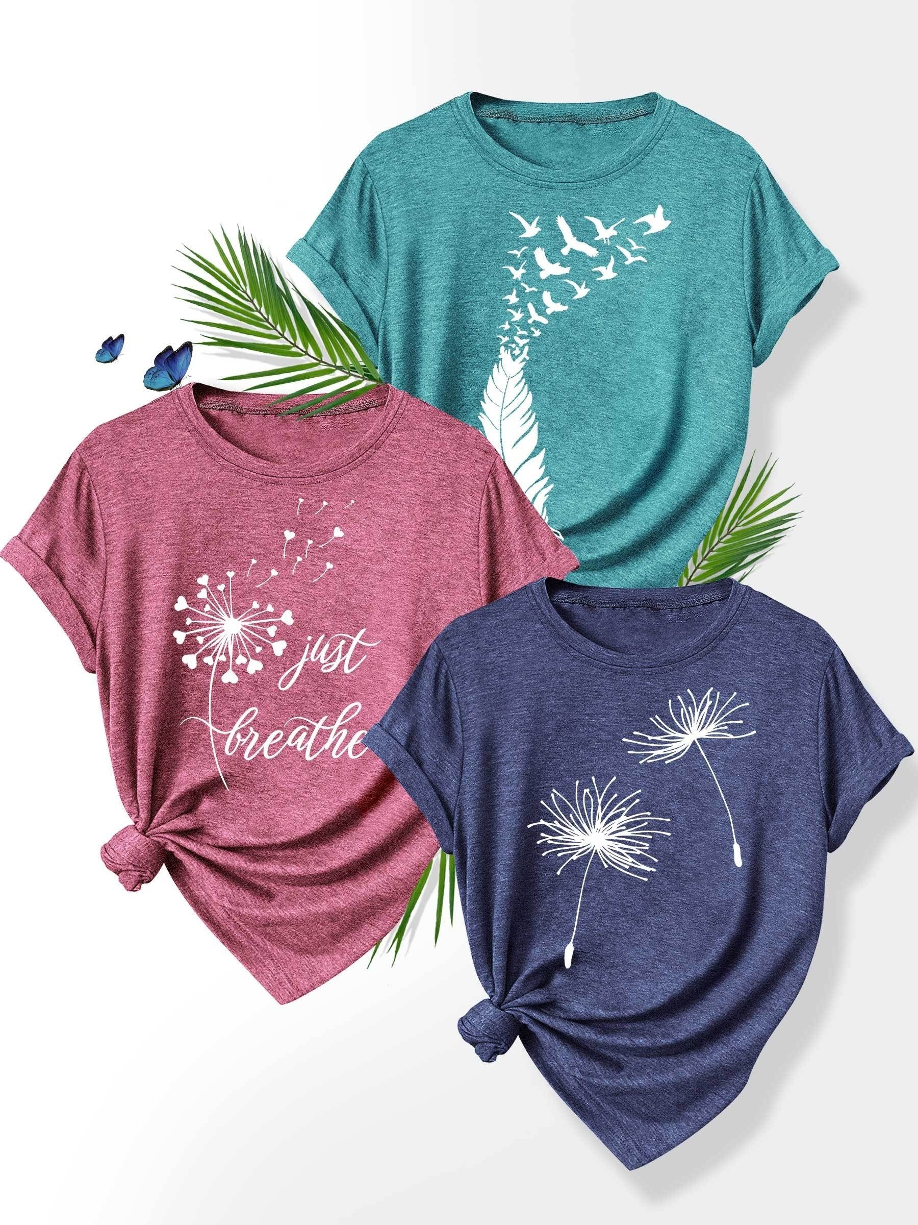 [Summer Floral Tees] 3pcs Set Soft Polyester Blend Floral Print T-Shirts for Women | Casual Summer Short Sleeve Crew Neck Tees, Dandelion, Rose, and Bee Design, Sizes S-XXL, Perfect for Casual Attire, Casual Summer Wear