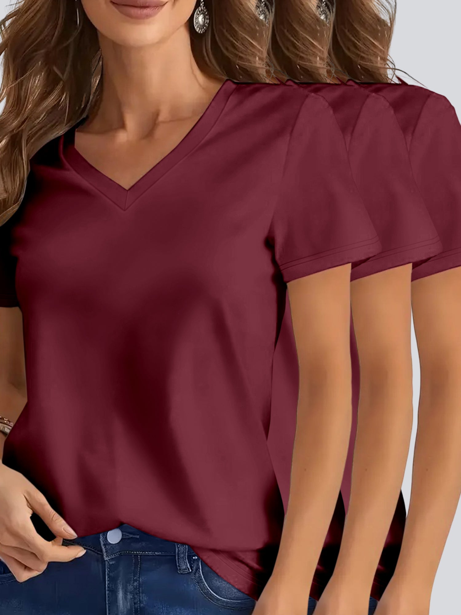 3pcs Set Summer Women'S V-Neck Short Sleeve T-Shirt, Casual Loose Fit, Solid Color, 180g/m² Polyester Knit Fabric