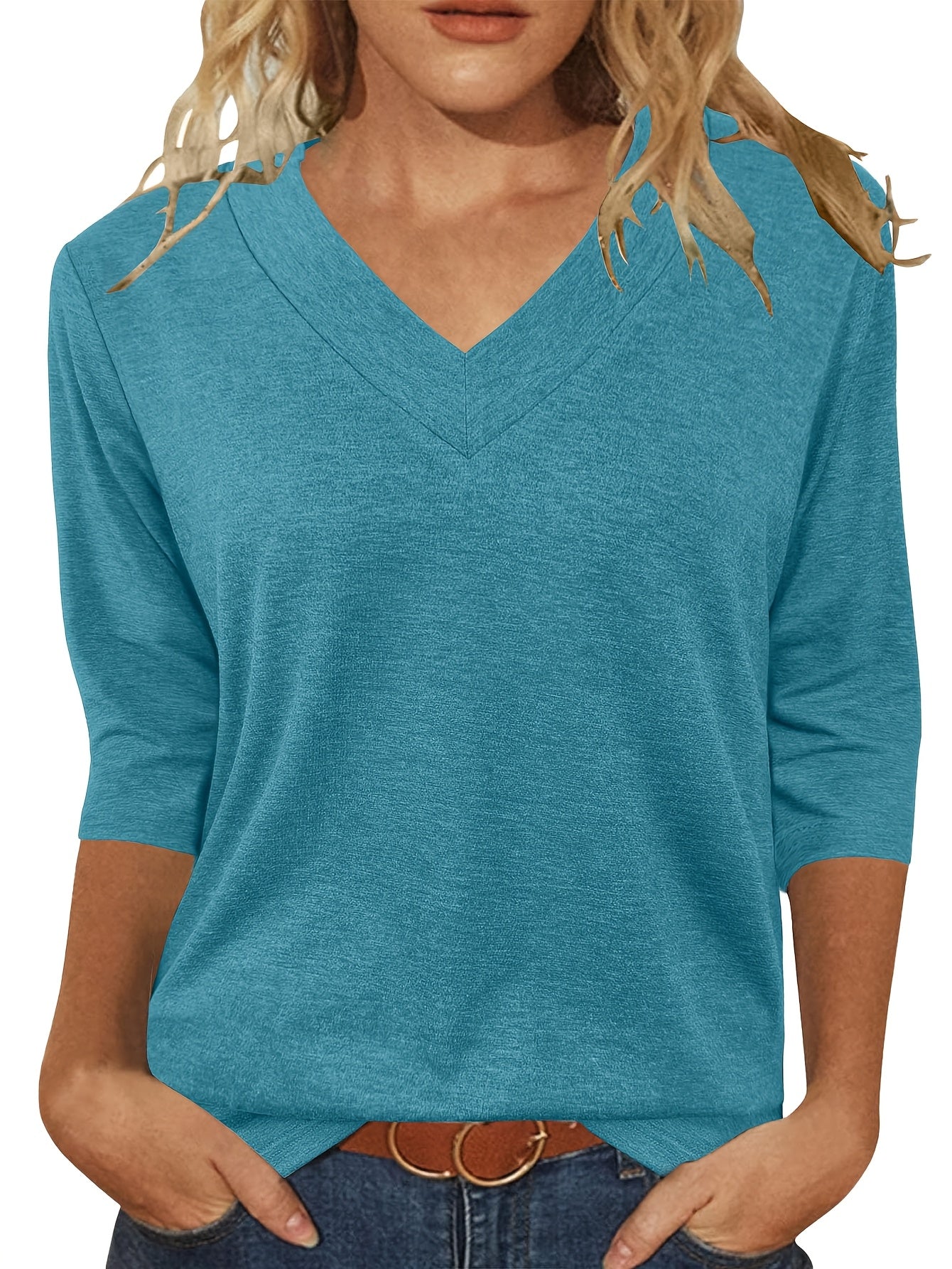 Women'S 3/4 Sleeve V-Neck T-Shirt Set - Casual, Breathable Polyester, Solid Color, All-Season Comfort, Casual Wear|Vneck Top|Polyester Fabric