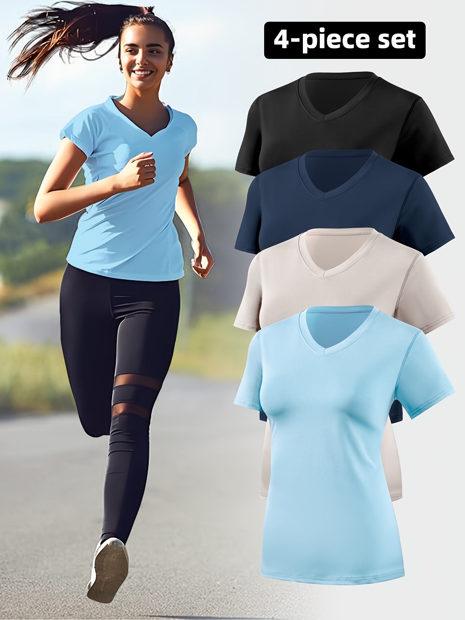 4pcs Women's Sports Running V-Neck Short Sleeve Quick-Dry Fitness Yoga Sweat-Wicking Breathable Slim Fit T-Shirt Set