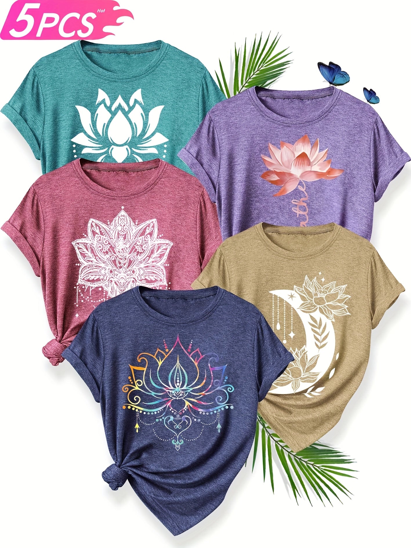 5pcs Women'S Floral Print T-Shirts - Casual Crew Neck, Short Sleeve, Medium Stretch, Vibrant Colors (S-XXL) - Perfect for Spring, Summer &