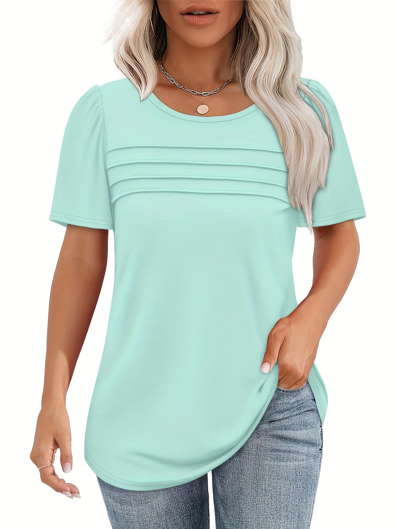 [Casual Ruched Set] Women's Casual Three-Piece Set | Ruched T-Shirts in Light Blue, Navy & Black - Short Sleeve, Comfortable & Breathable for Spring & Summer