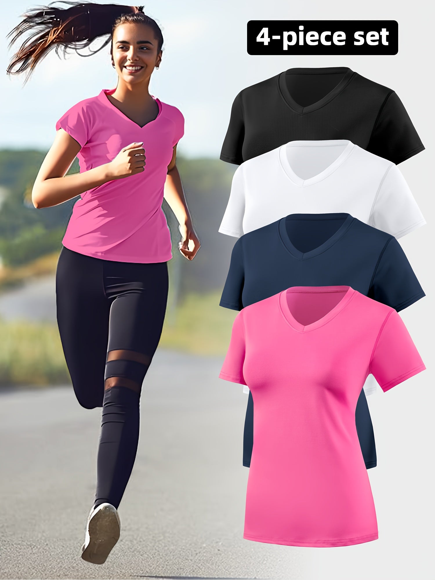 4pcs Women's Sports Running V-Neck Short Sleeve Quick-Dry Fitness Yoga Sweat-Wicking Breathable Slim Fit T-Shirt Set