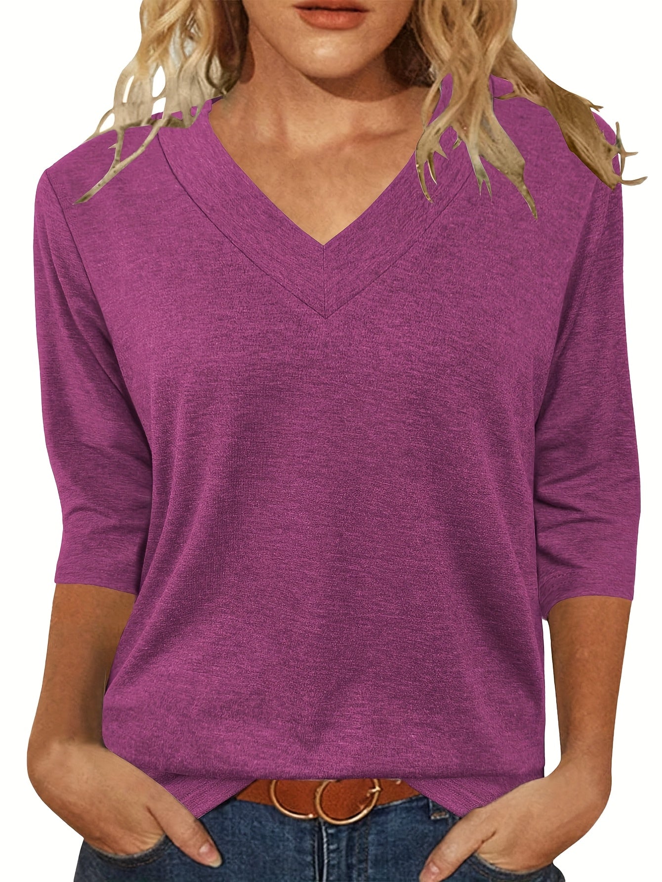 [3pcs Women's Casual Shirt] Three-Piece Women's Casual Loose Fit 3/4 Sleeve V-Neck Basic Shirt Set | Comfortable Breathable Fashion Seven-Eighth Sleeve T-Shirt