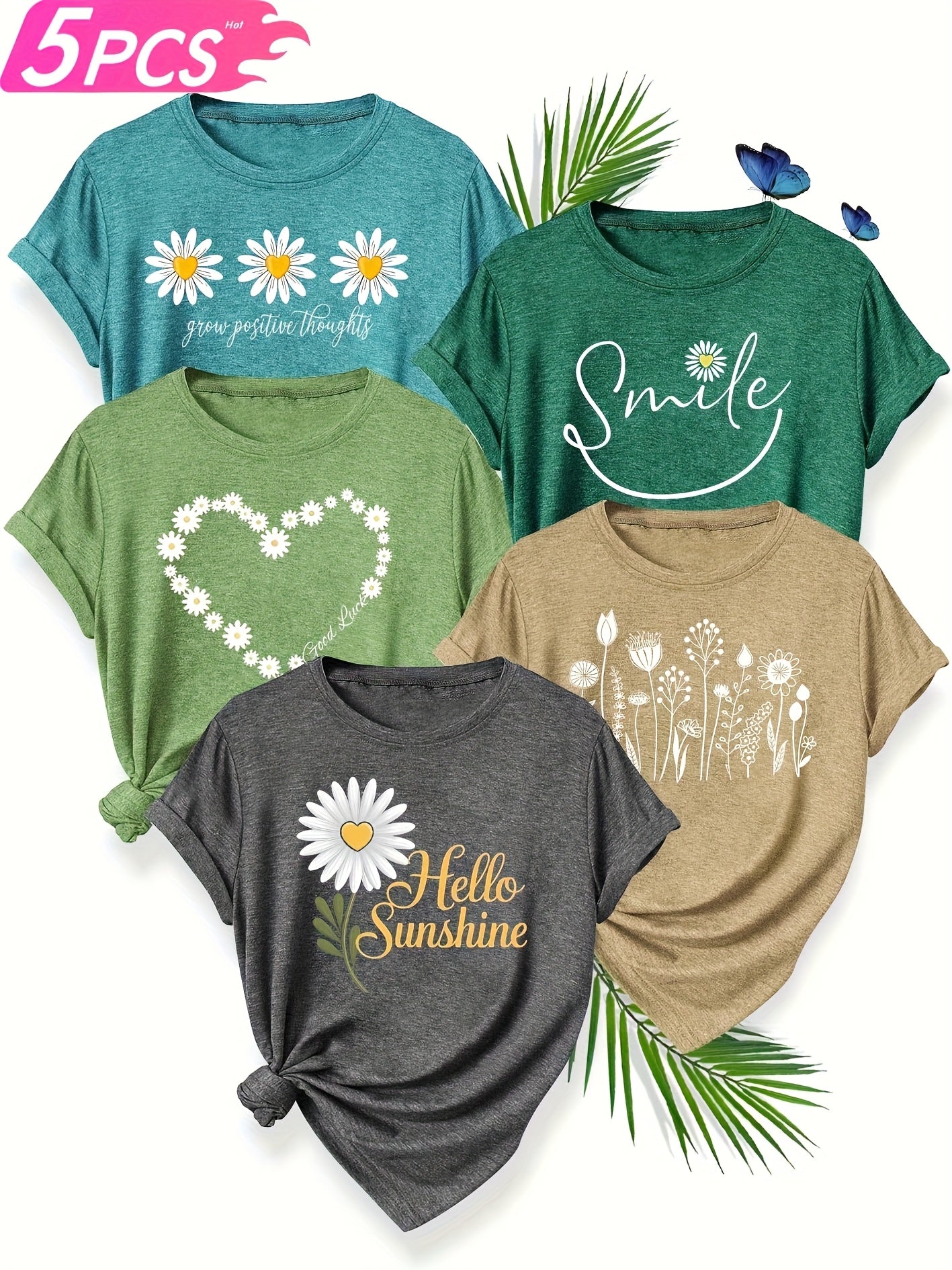 [Soft T-Shirts] 5pcs Soft Stretch Women's Casual Crew Neck Short Sleeve T-Shirts | Floral, Heart, and Smile Print Designs in Purple, Green, Pink, and Blue - Plus Sizes Available, Comfortable Fit Tee