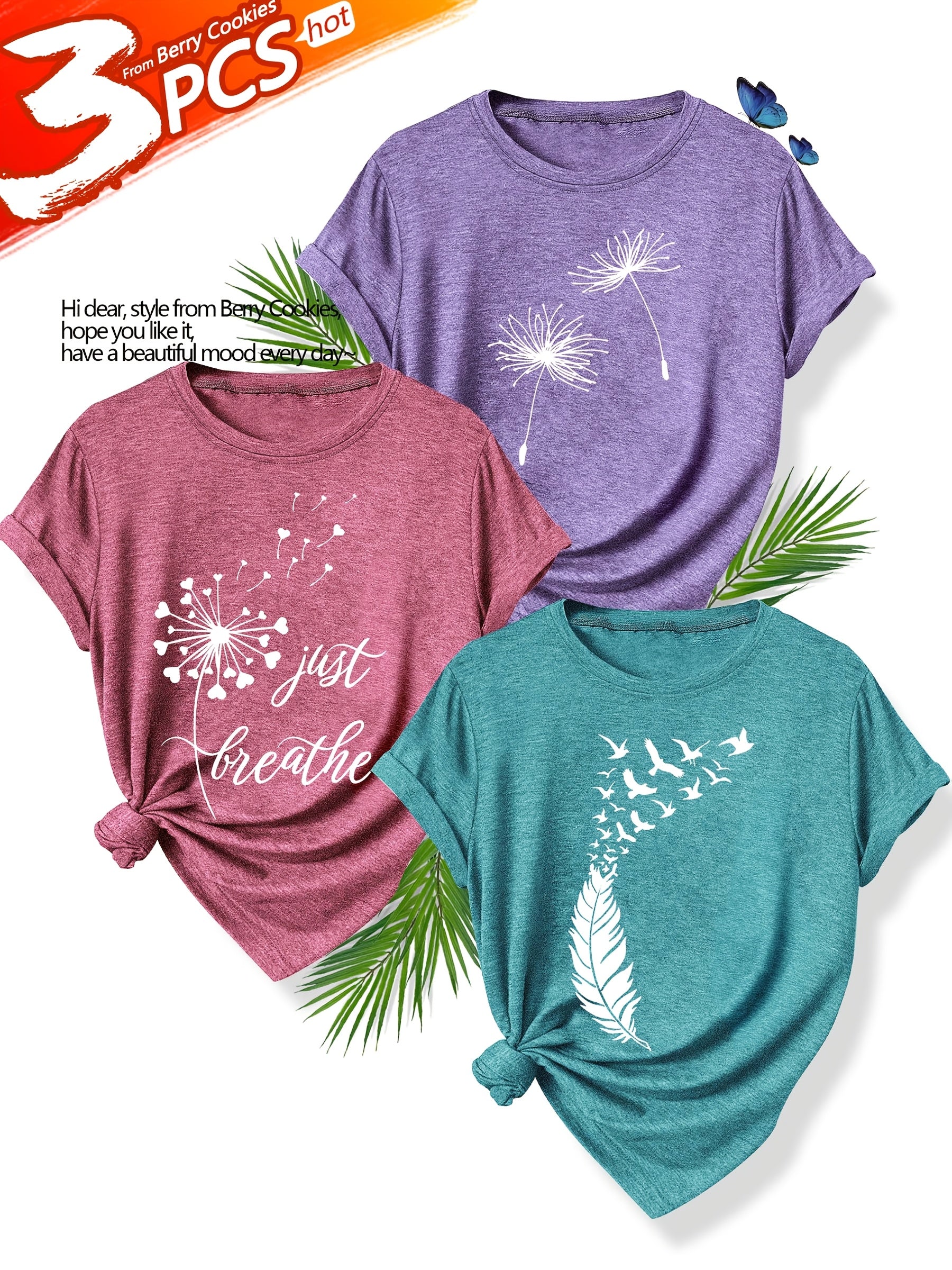 [Summer Floral Tees] 3pcs Set Soft Polyester Blend Floral Print T-Shirts for Women | Casual Summer Short Sleeve Crew Neck Tees, Dandelion, Rose, and Bee Design, Sizes S-XXL, Perfect for Casual Attire, Casual Summer Wear
