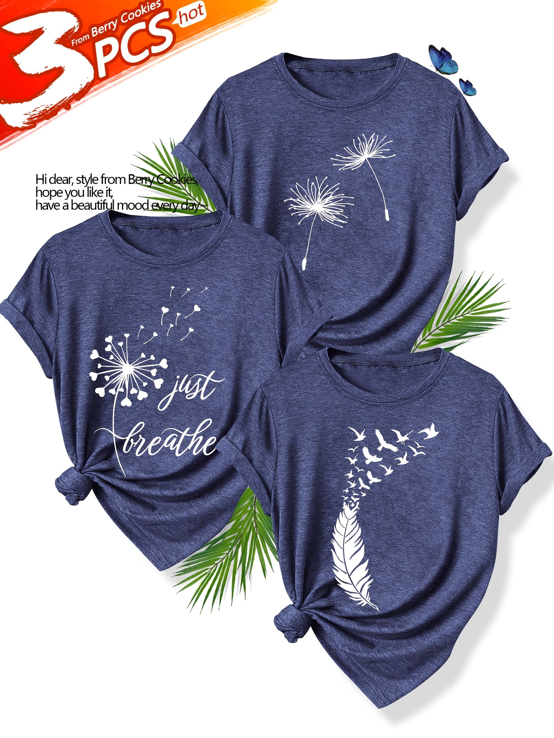 [Summer Floral Tees] 3pcs Set Soft Polyester Blend Floral Print T-Shirts for Women | Casual Summer Short Sleeve Crew Neck Tees, Dandelion, Rose, and Bee Design, Sizes S-XXL, Perfect for Casual Attire, Casual Summer Wear
