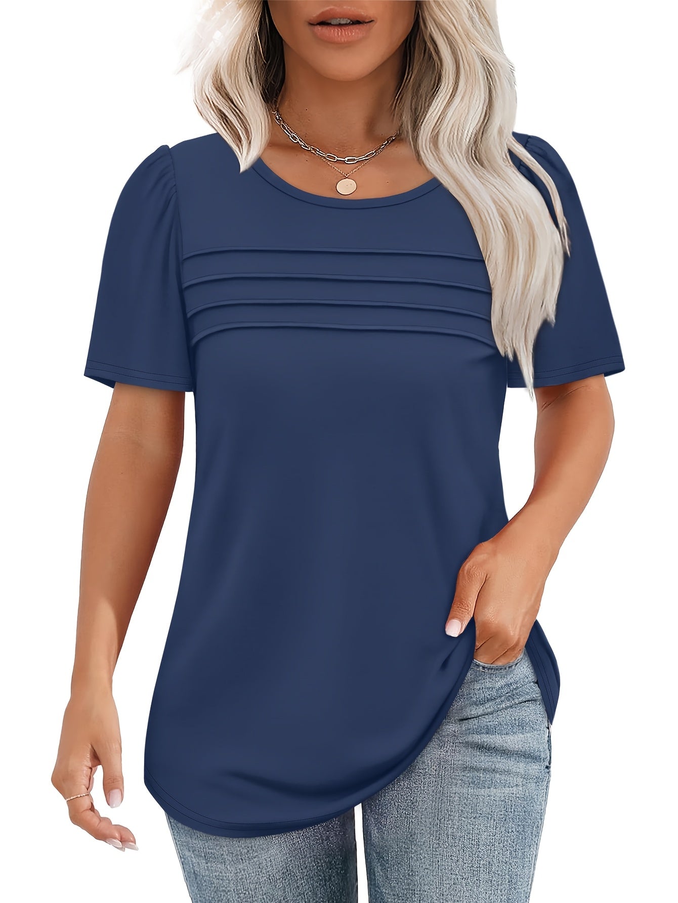 [Casual Ruched Set] Women's Casual Three-Piece Set | Ruched T-Shirts in Light Blue, Navy & Black - Short Sleeve, Comfortable & Breathable for Spring & Summer