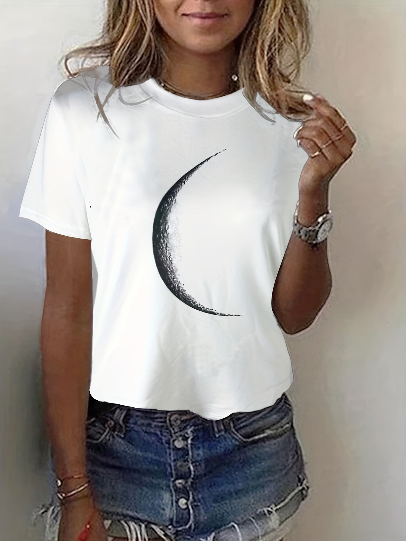 [Casual T-Shirt] Casual Moon Print Crew Neck T-Shirt | Women's Short Sleeve T-Shirt For Spring & Summer