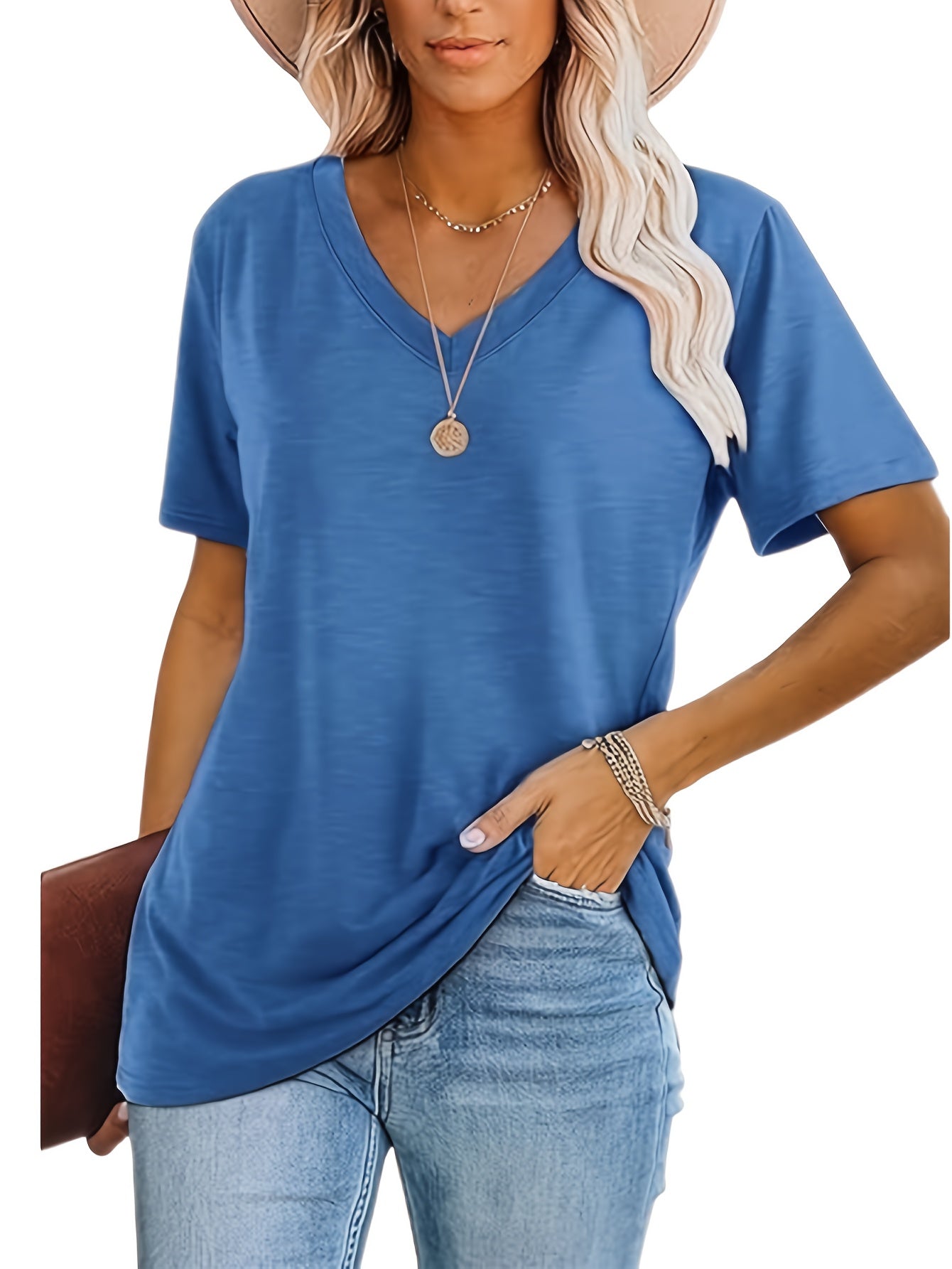 Women'S Casual V-Neck T-Shirt Set - Soft Polyester, Short Sleeve, Solid Color Tops in Black, Teal, and Pink - Perfect for Spring and Summer Outfits, Ladies T Shirts