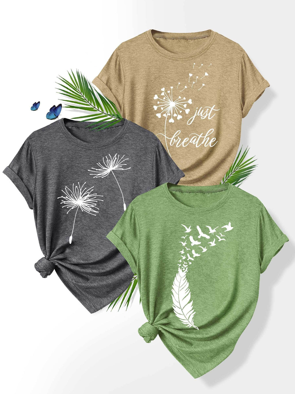 [Summer Floral Tees] 3pcs Set Soft Polyester Blend Floral Print T-Shirts for Women | Casual Summer Short Sleeve Crew Neck Tees, Dandelion, Rose, and Bee Design, Sizes S-XXL, Perfect for Casual Attire, Casual Summer Wear