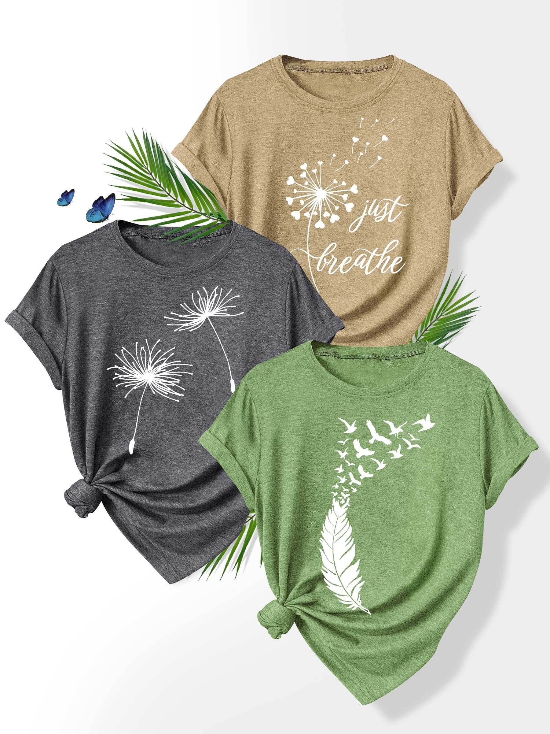 [Summer Floral Tees] 3pcs Set Soft Polyester Blend Floral Print T-Shirts for Women | Casual Summer Short Sleeve Crew Neck Tees, Dandelion, Rose, and Bee Design, Sizes S-XXL, Perfect for Casual Attire, Casual Summer Wear