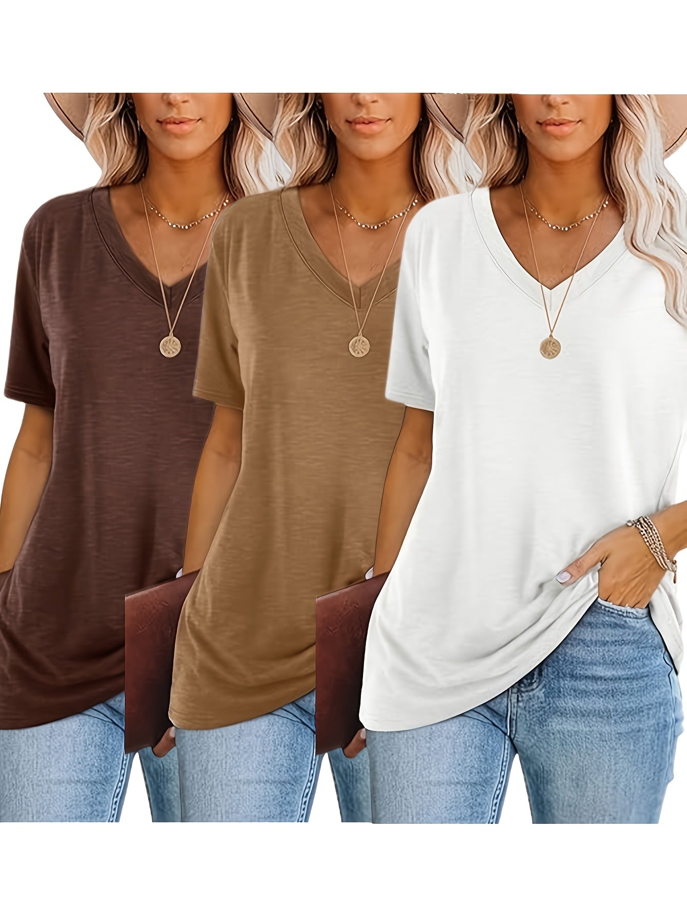 Three-piece Set 2025 Europe And America Fashion Women'S Casual Top Comfortable Loose V-neck Short-sleeved T-shirt