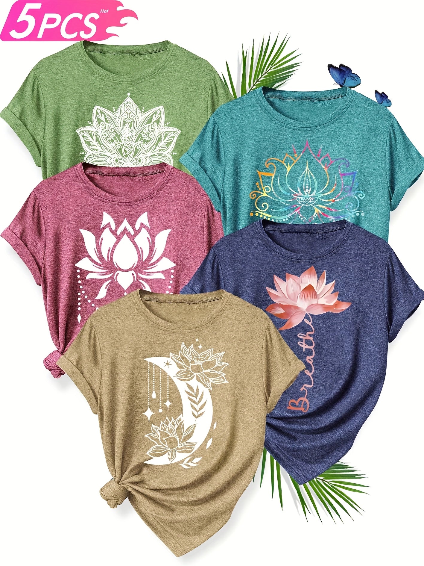 5pcs Women'S Floral Print T-Shirts - Casual Crew Neck, Short Sleeve, Medium Stretch, Vibrant Colors (S-XXL) - Perfect for Spring, Summer &