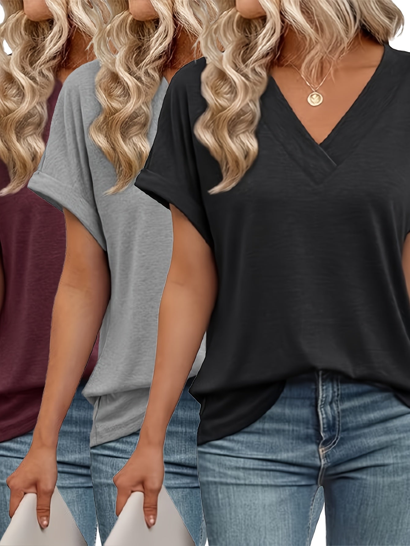 [Women's V-Neck T-Shirt] Women's V-Neck T-Shirt 3pcs Set - Casual Short Sleeve Tops in Black, White, and Gray with "MICHIGAN" Print, Soft Polyester Fabric for Everyday Wear, Ladies T Shirt