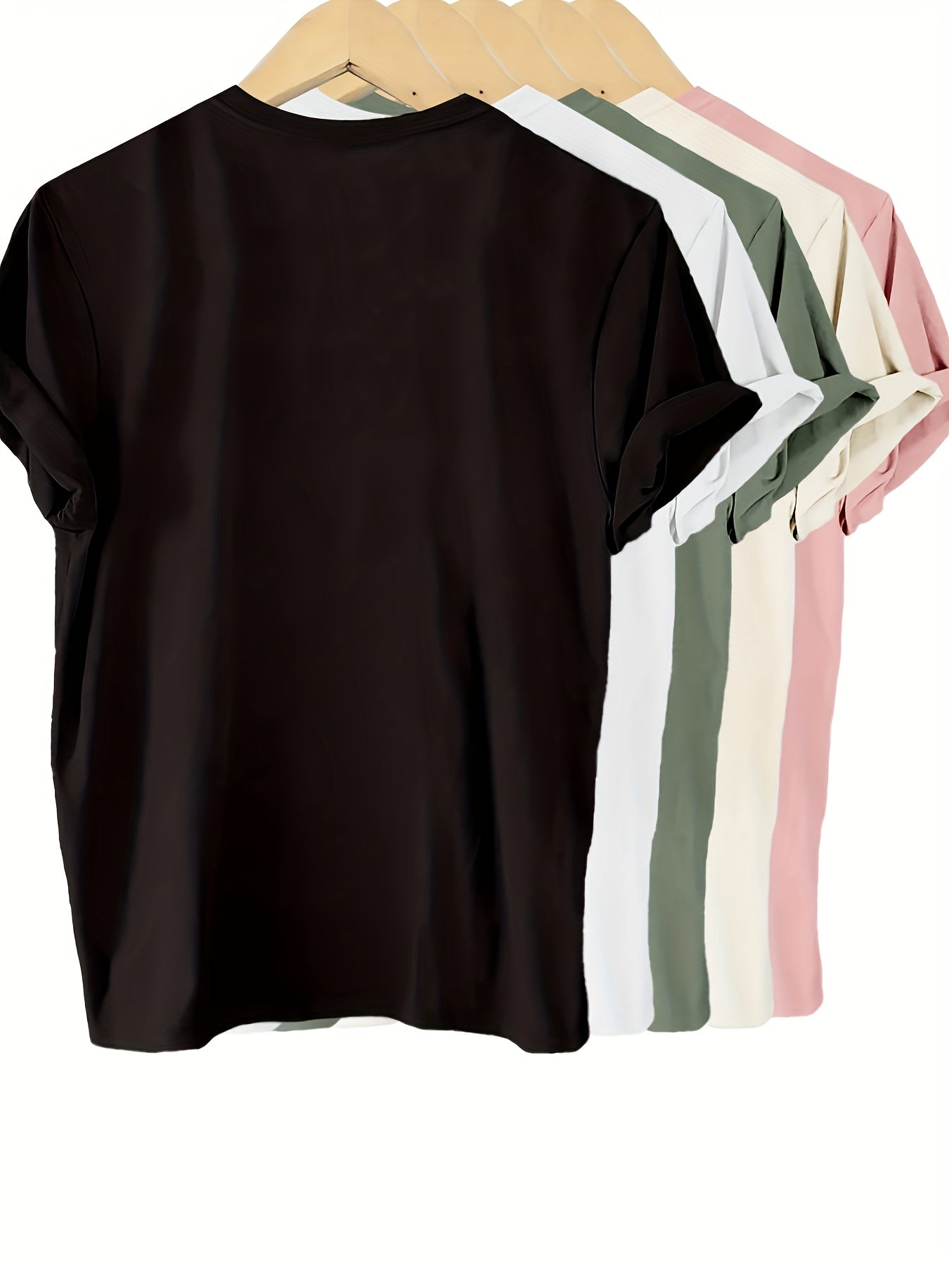 5pcs Set 100% Round Neck Comfortable And Fashionable T-shirt - Soft, Breathable, Gift And Daily Use - Women'S Basic Clothing