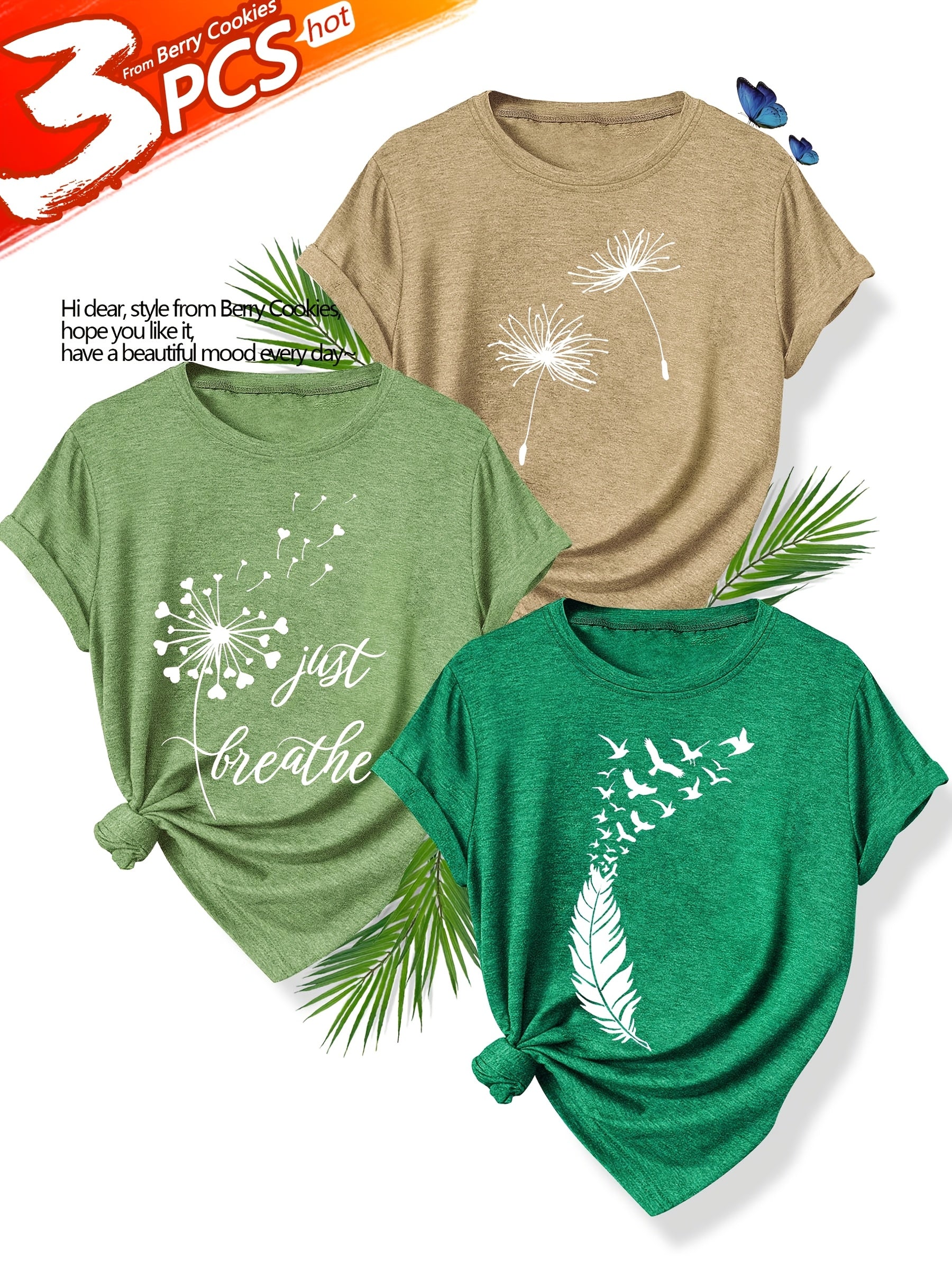 [Summer Floral Tees] 3pcs Set Soft Polyester Blend Floral Print T-Shirts for Women | Casual Summer Short Sleeve Crew Neck Tees, Dandelion, Rose, and Bee Design, Sizes S-XXL, Perfect for Casual Attire, Casual Summer Wear