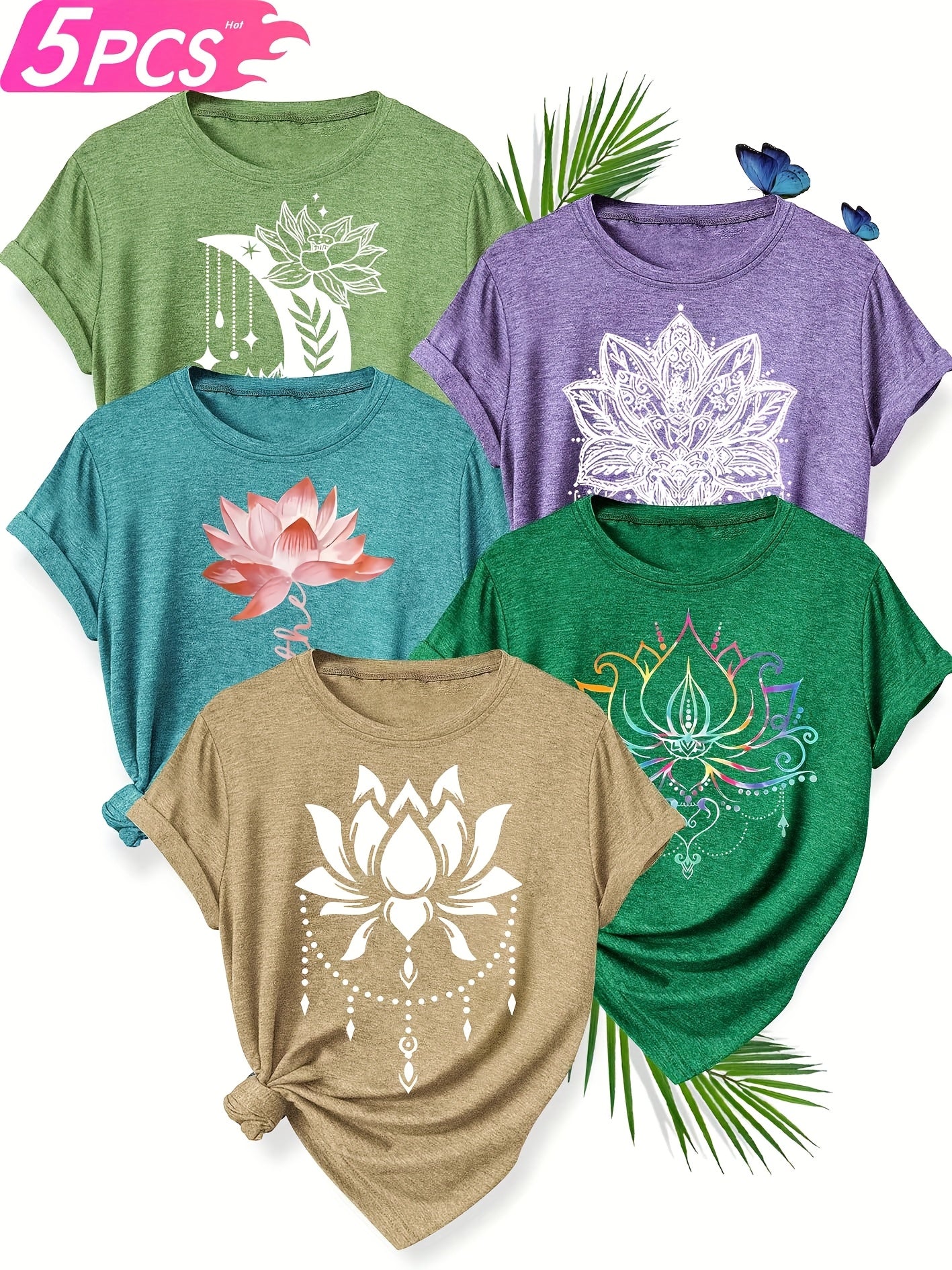 5pcs Women'S Floral Print T-Shirts - Casual Crew Neck, Short Sleeve, Medium Stretch, Vibrant Colors (S-XXL) - Perfect for Spring, Summer &