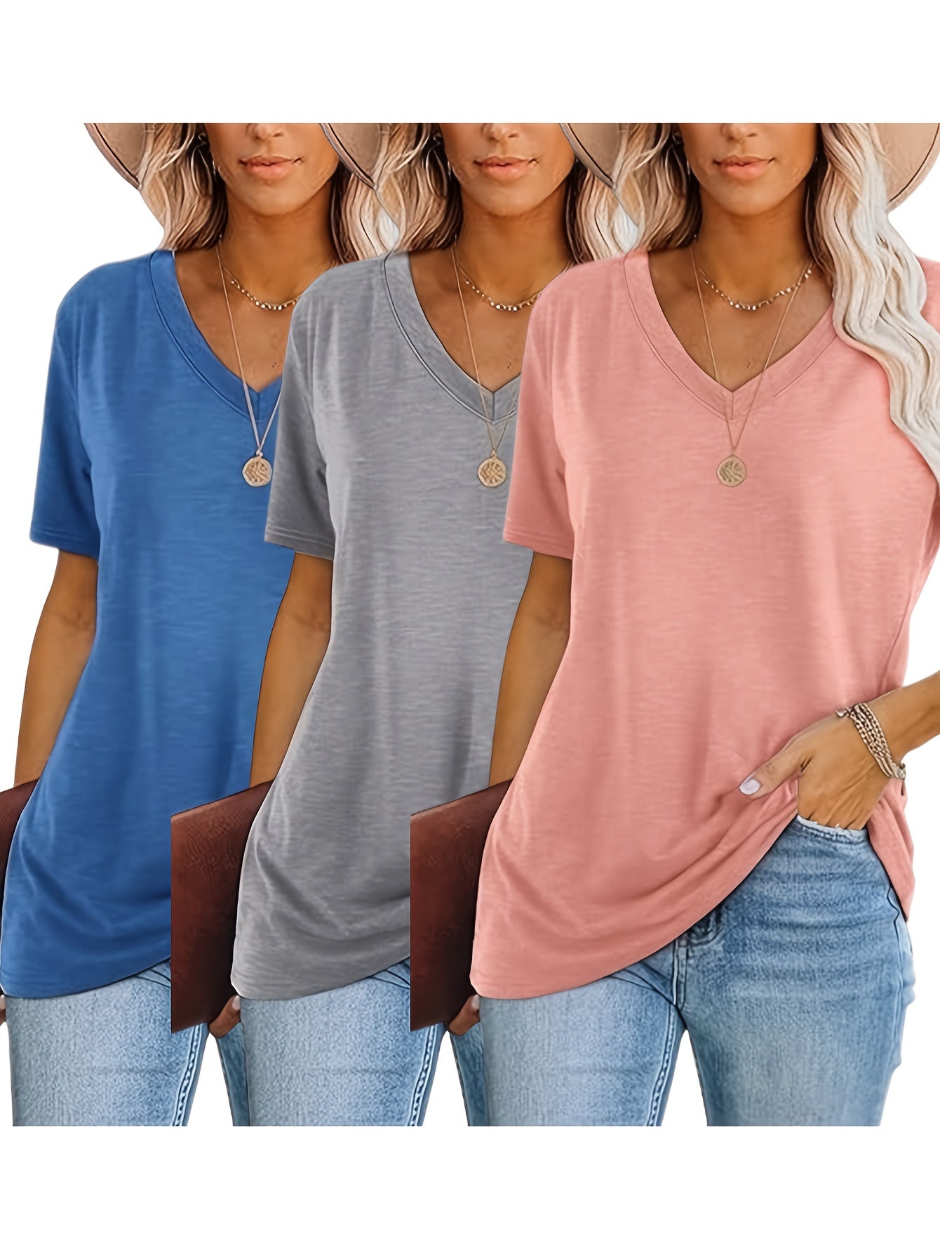 Women'S Casual V-Neck T-Shirt Set - Soft Polyester, Short Sleeve, Solid Color Tops in Black, Teal, and Pink - Perfect for Spring and Summer Outfits, Ladies T Shirts