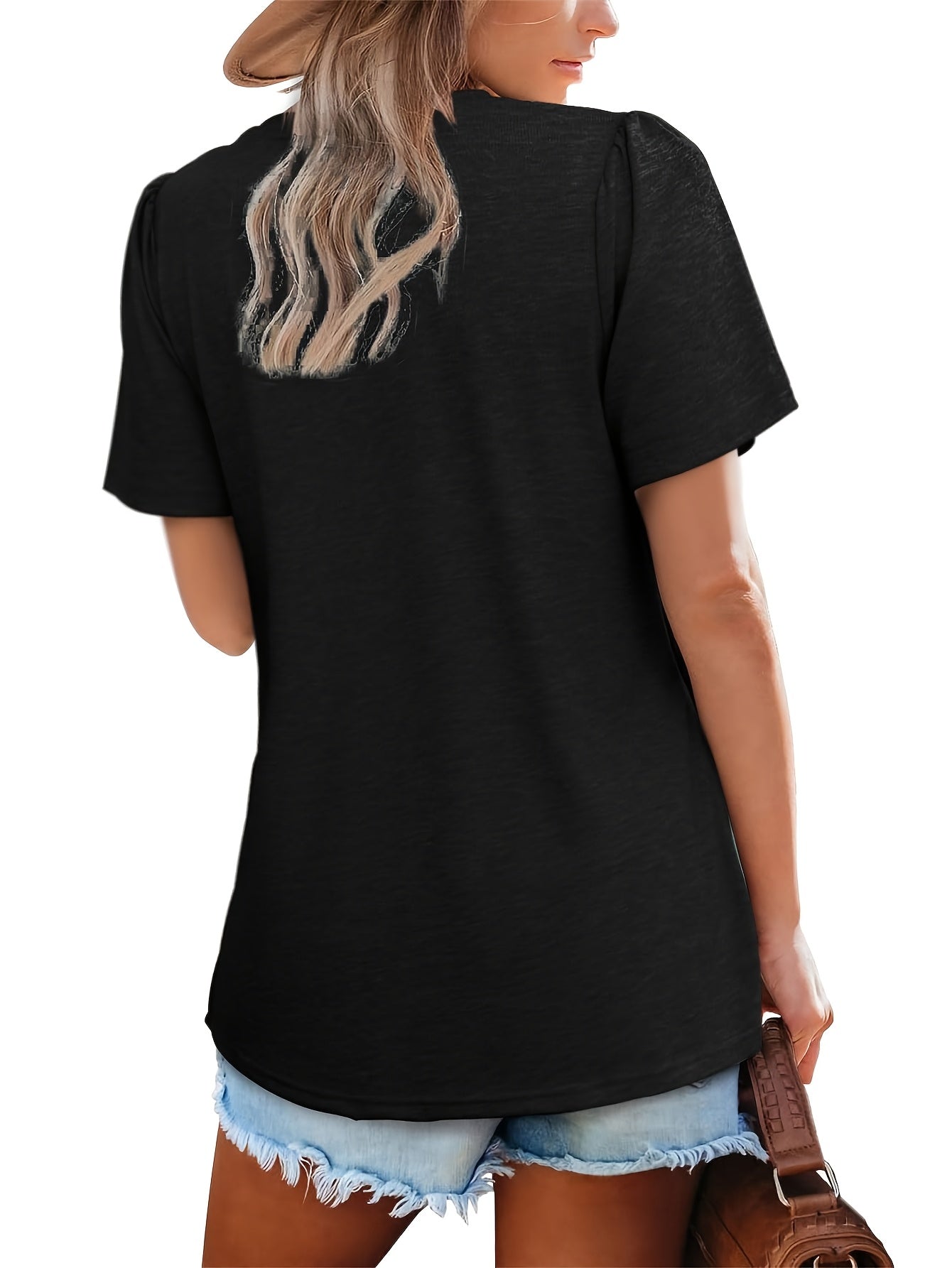 [Summer T-Shirt Set] 3pcs Women's Summer Short Sleeve Round Neck T-Shirt Set | Casual Polyester, Solid Color with Ruffled Bubble Sleeves, All-Season Comfort, Ladies T Shirts