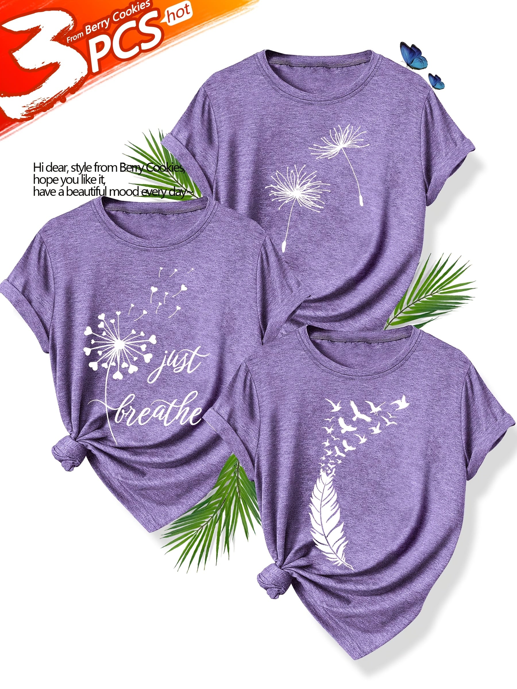 [Summer Floral Tees] 3pcs Set Soft Polyester Blend Floral Print T-Shirts for Women | Casual Summer Short Sleeve Crew Neck Tees, Dandelion, Rose, and Bee Design, Sizes S-XXL, Perfect for Casual Attire, Casual Summer Wear