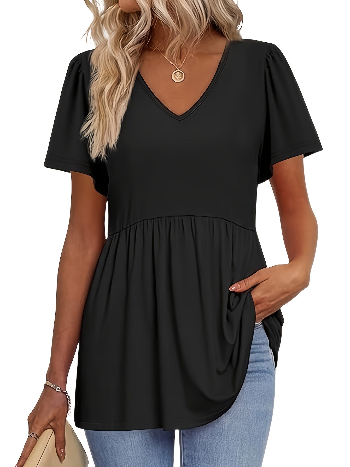 3pcs Women'S Summer V-Neck T-Shirts, Casual Short Sleeve Ruffle Hem Tee, Solid Color Polyester Blend, Lightweight Breathable Fabric for Daily & Party Wea
