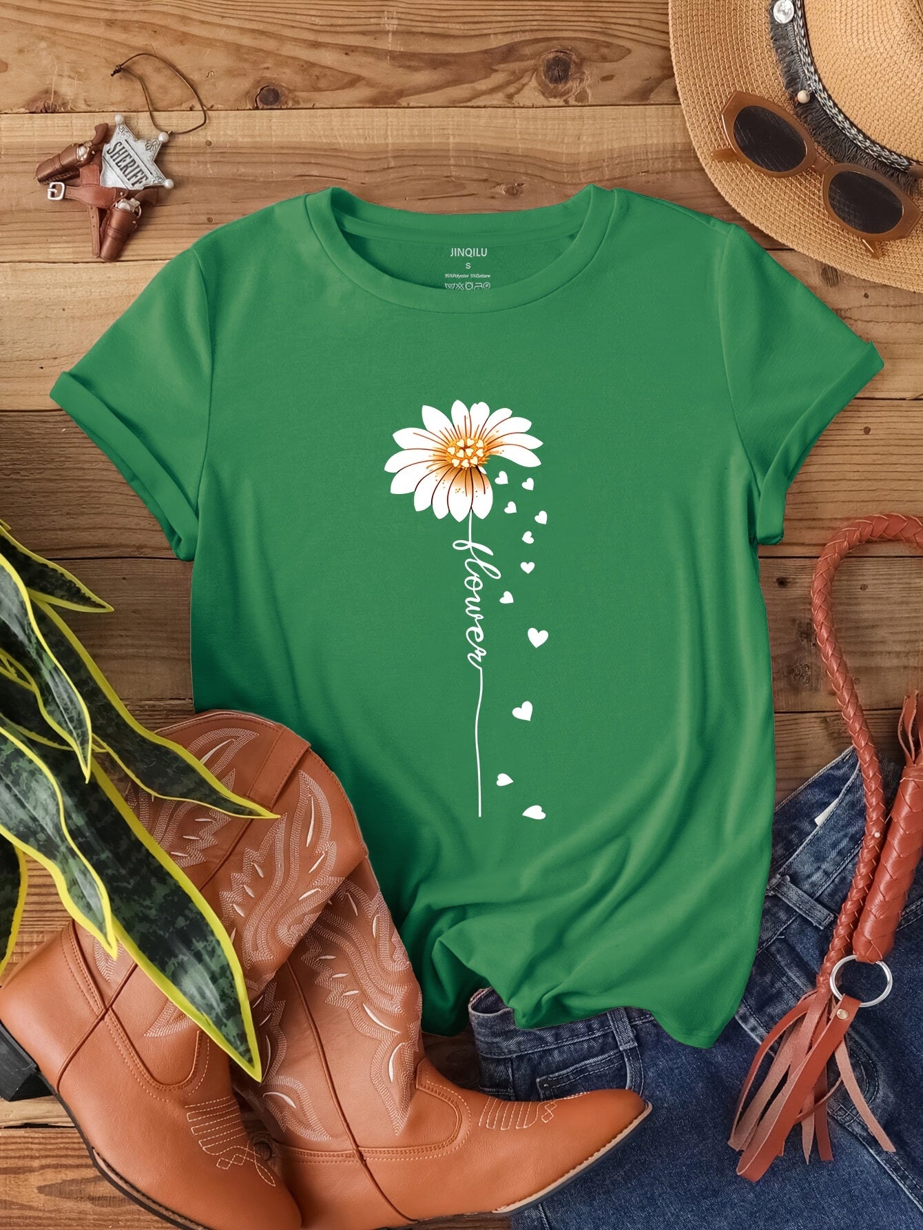 [Valentine's Day Flower Print Tee] Faith Letter & Flower Print T-shirt, Casual Short Sleeve Crew Neck Top, Women's Clothing, Valentine's Day