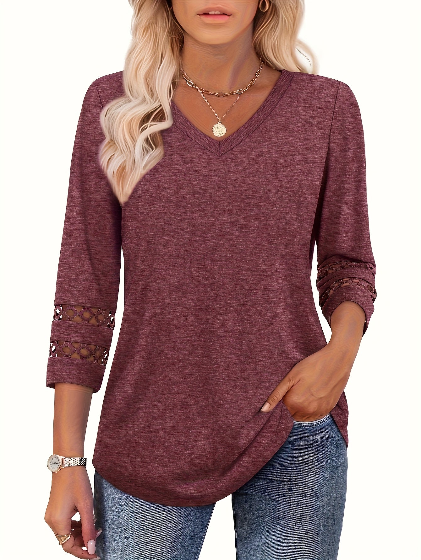 Four-Piece Set Women's 3/4 Sleeve Fashion Casual V-Neck T-Shirt Top