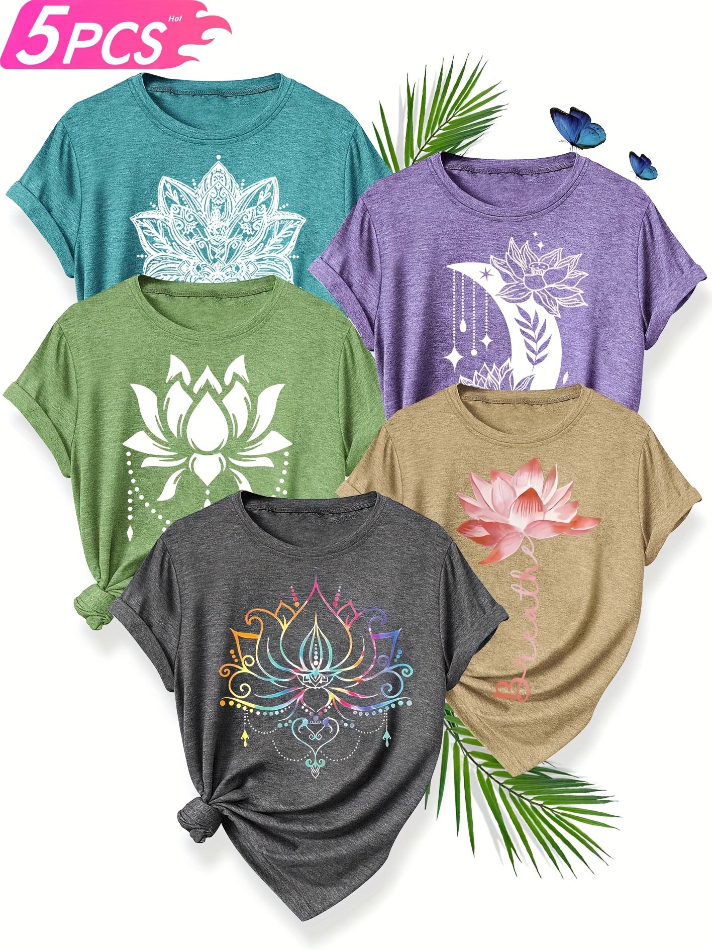 5pcs Women'S Floral Print T-Shirts - Casual Crew Neck, Short Sleeve, Medium Stretch, Vibrant Colors (S-XXL) - Perfect for Spring, Summer &