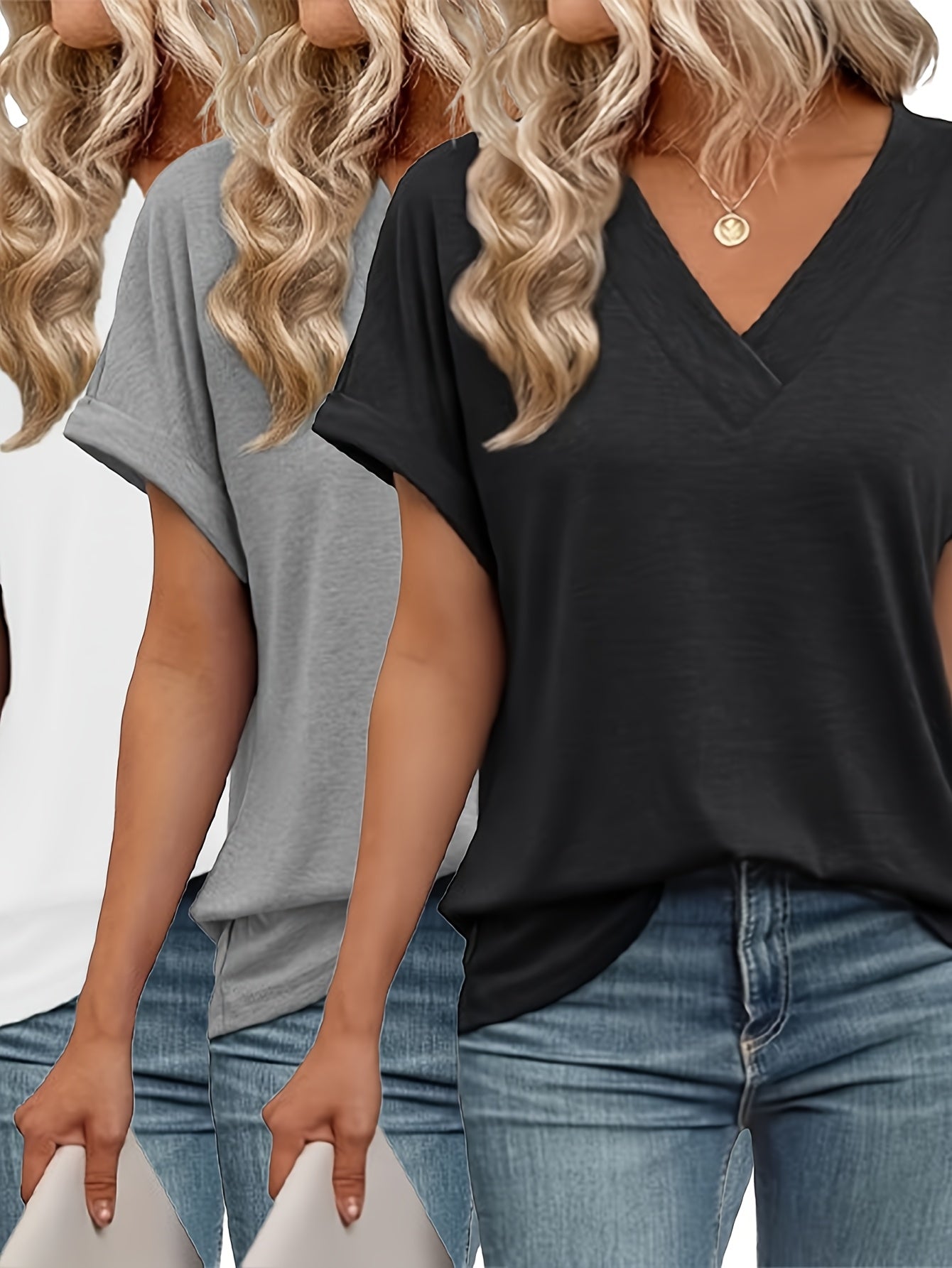 [Women's V-Neck T-Shirt] Women's V-Neck T-Shirt 3pcs Set - Casual Short Sleeve Tops in Black, White, and Gray with "MICHIGAN" Print, Soft Polyester Fabric for Everyday Wear, Ladies T Shirt