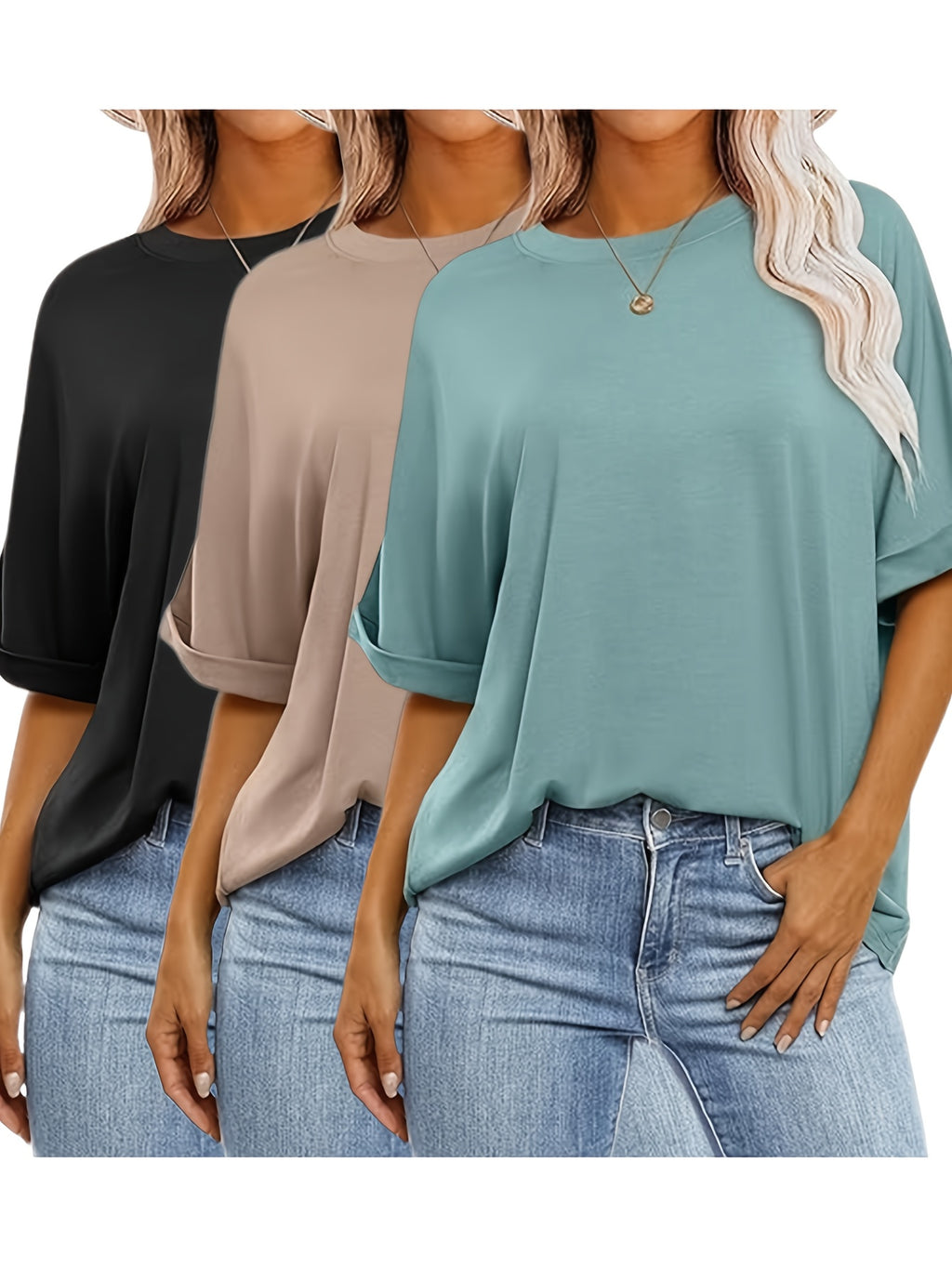 [3pcs Trendy Tee] Three-Piece Women's Oversized Short Sleeve Round Neck Summer Casual Loose Basic Tee Top Set 2025 Trendy Fashion Clothing