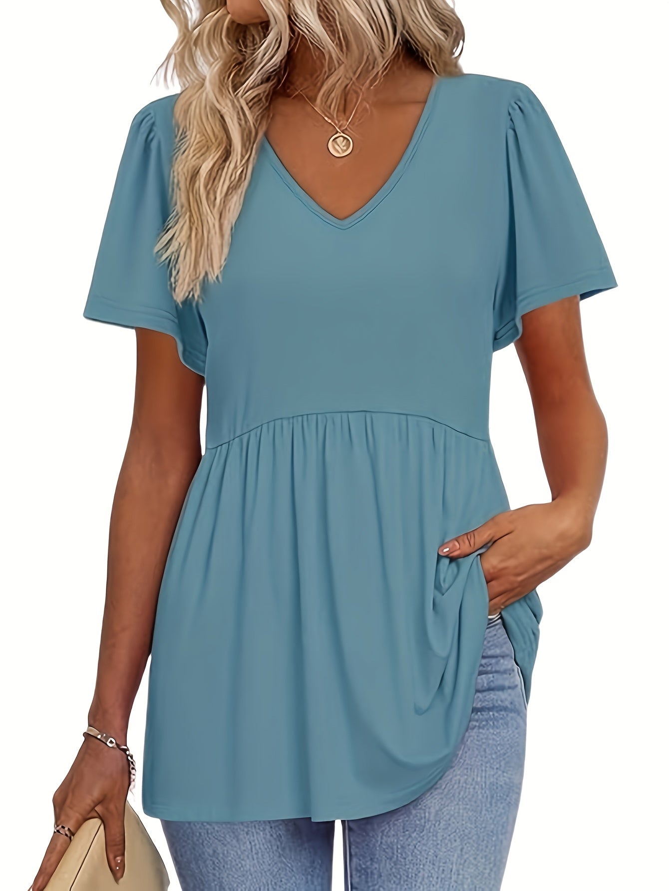 3pcs Women'S Summer V-Neck T-Shirts, Casual Short Sleeve Ruffle Hem Tee, Solid Color Polyester Blend, Lightweight Breathable Fabric for Daily & Party Wea