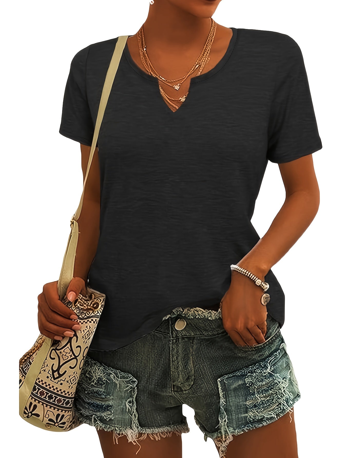 [Stylish V-Neck T-Shirt Set] Stylish Women's Casual V-Neck Short Sleeve T-Shirt Set | Teal, Pink, and Blue - Frayed Hem and Ripped Details - Perfect for Spring/Summer Outfits, Casual Attire|Vneck Tshirt|Ripped Detail Shirt