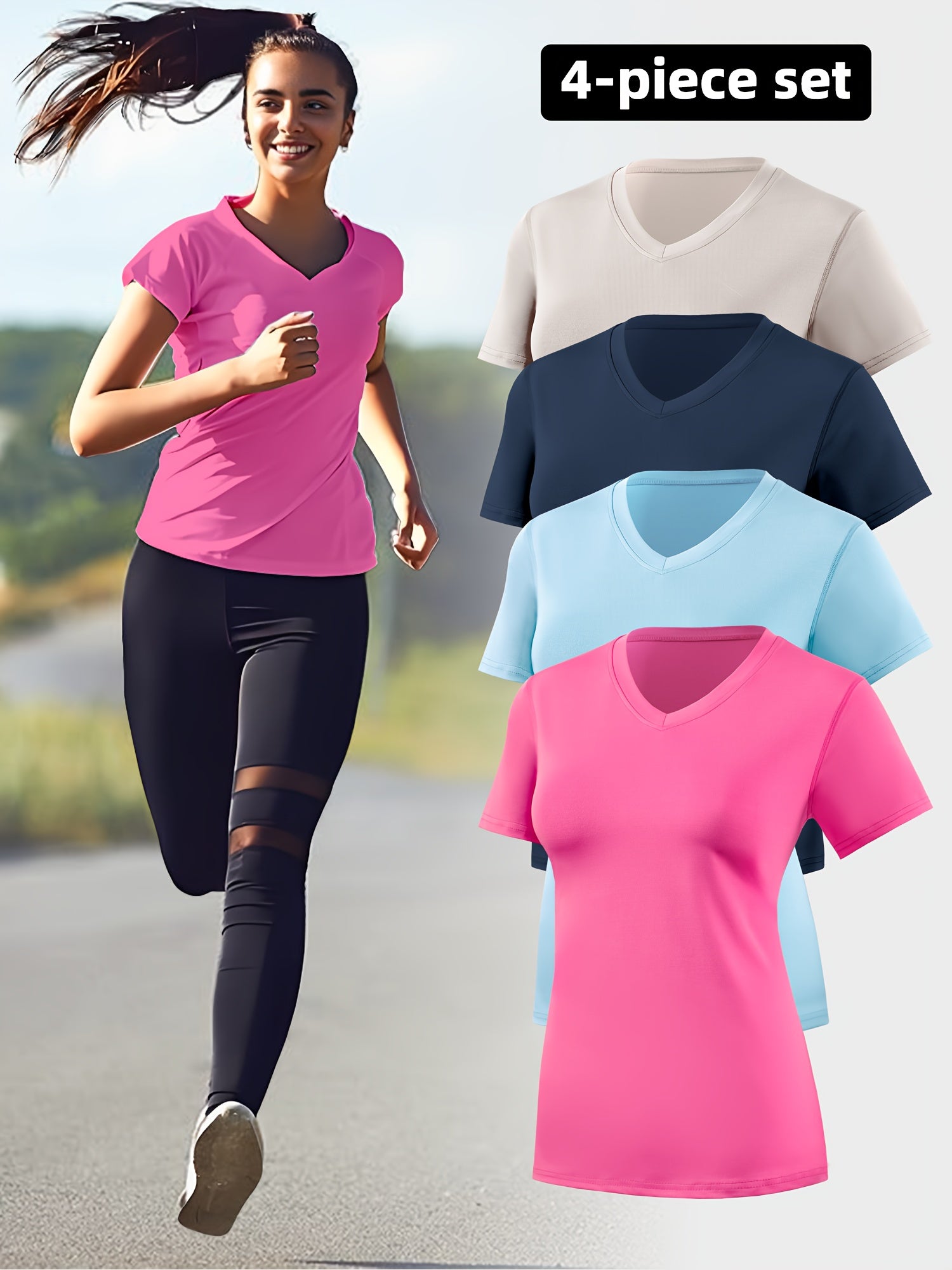 4pcs Women's Sports Running V-Neck Short Sleeve Quick-Dry Fitness Yoga Sweat-Wicking Breathable Slim Fit T-Shirt Set