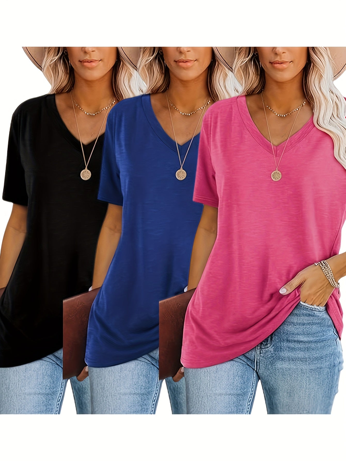 Women'S 3pcs V-Neck Short Sleeve T-Shirts - Casual Loose Fit, Solid Colors (Black, Blue, Pink), Soft Polyester Blend, Machine Washable, All-Season Comfor