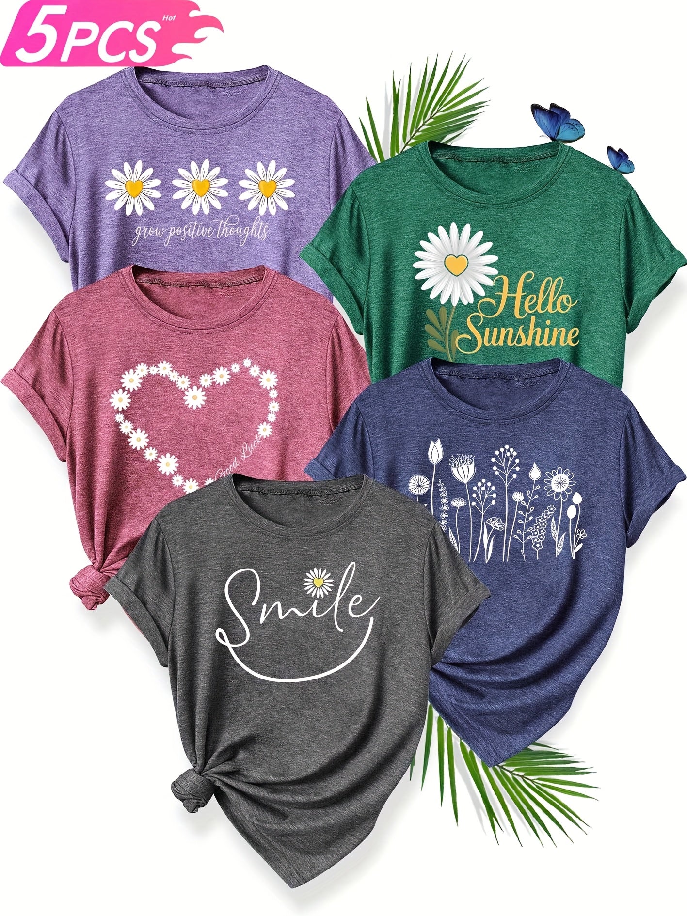 [Soft T-Shirts] 5pcs Soft Stretch Women's Casual Crew Neck Short Sleeve T-Shirts | Floral, Heart, and Smile Print Designs in Purple, Green, Pink, and Blue - Plus Sizes Available, Comfortable Fit Tee