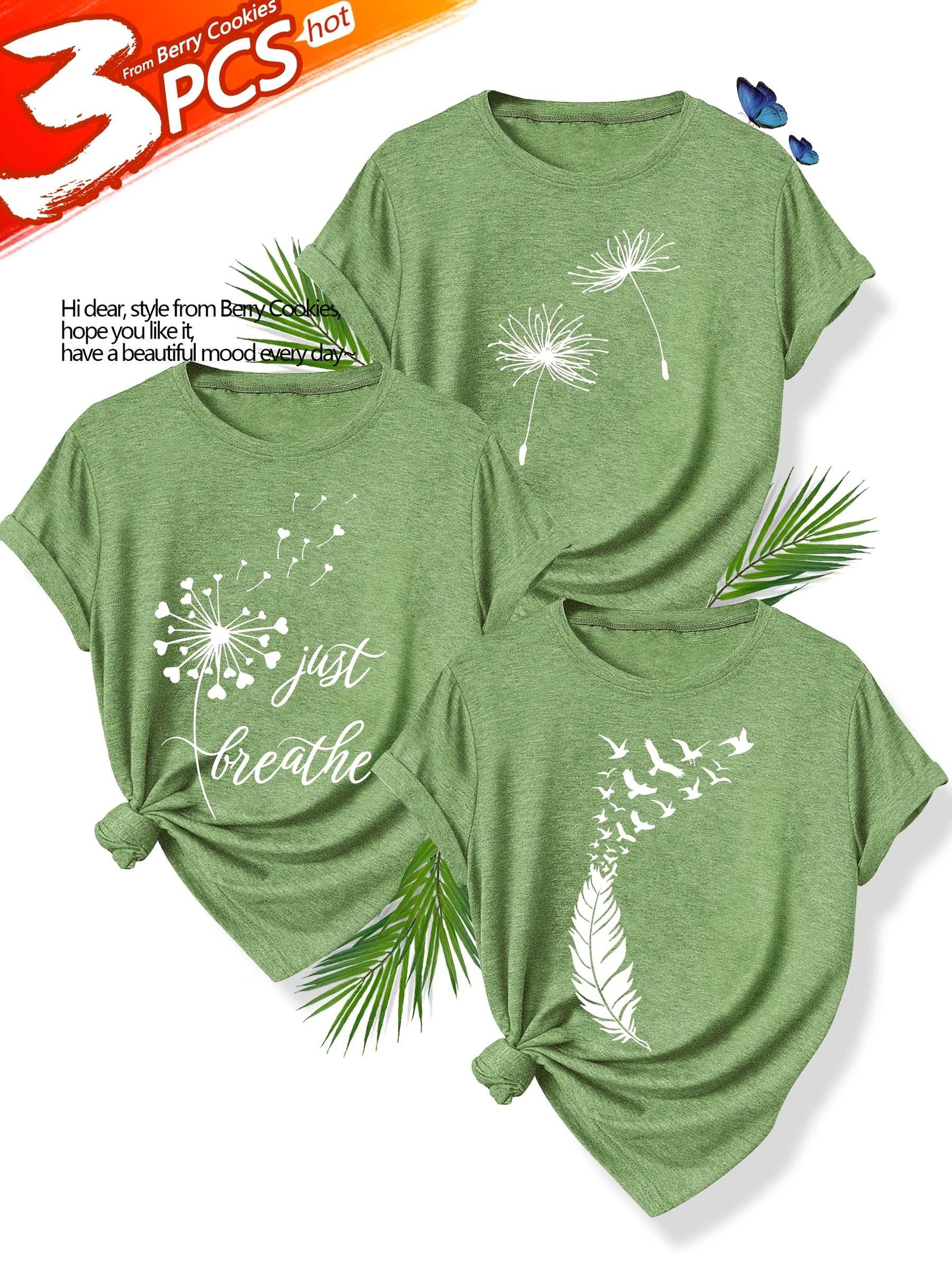 [Summer Floral Tees] 3pcs Set Soft Polyester Blend Floral Print T-Shirts for Women | Casual Summer Short Sleeve Crew Neck Tees, Dandelion, Rose, and Bee Design, Sizes S-XXL, Perfect for Casual Attire, Casual Summer Wear
