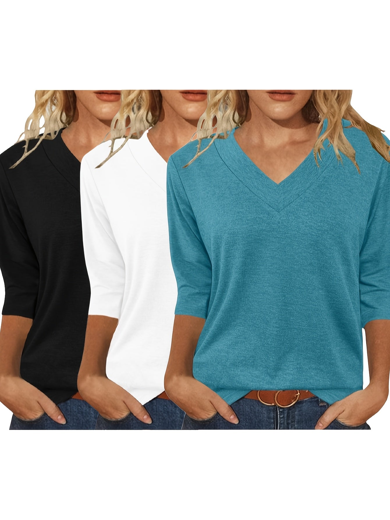Women'S 3/4 Sleeve V-Neck T-Shirt Set - Casual, Breathable Polyester, Solid Color, All-Season Comfort, Casual Wear|Vneck Top|Polyester Fabric