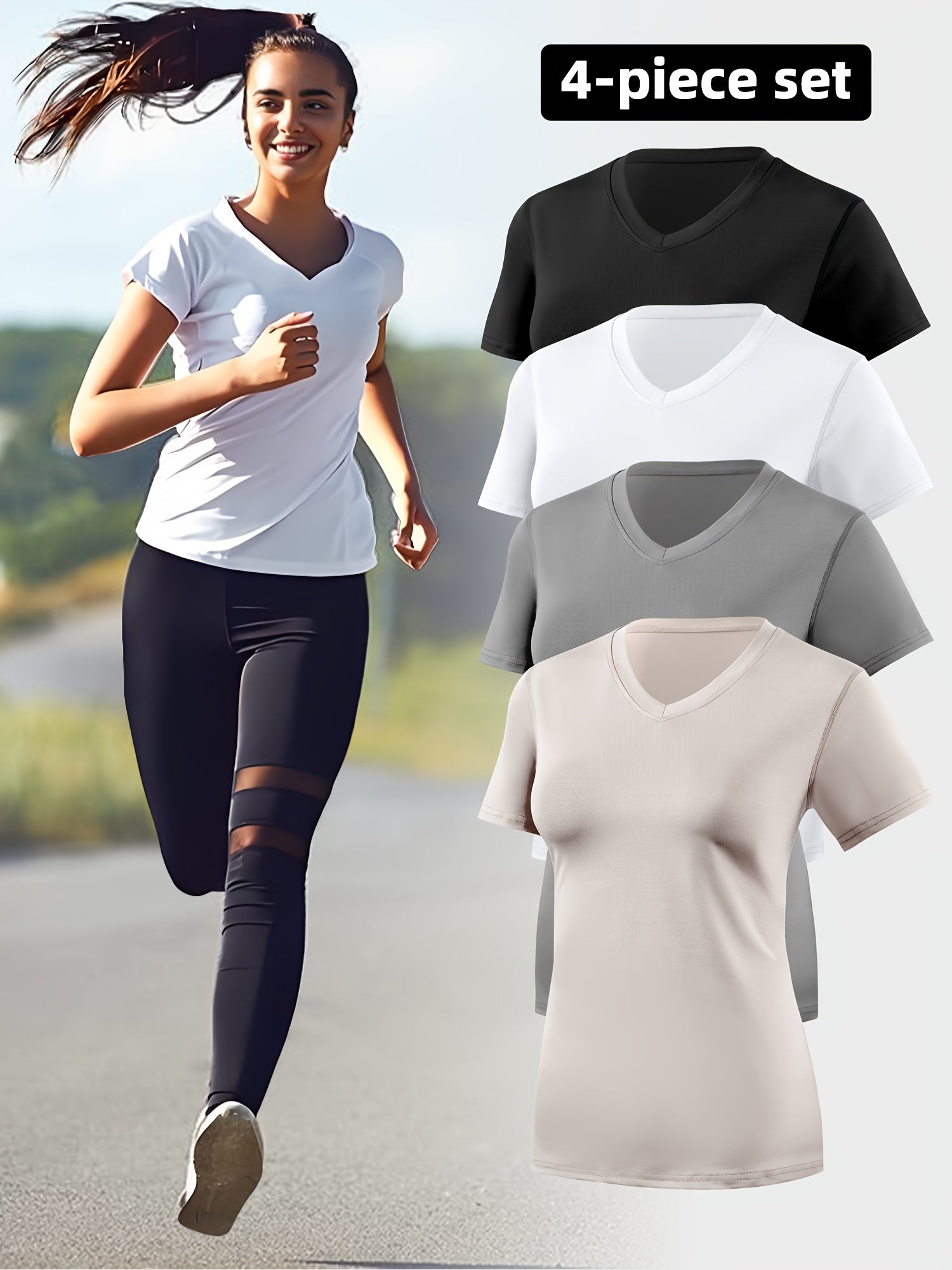 4pcs Women's Sports Running V-Neck Short Sleeve Quick-Dry Fitness Yoga Sweat-Wicking Breathable Slim Fit T-Shirt Set